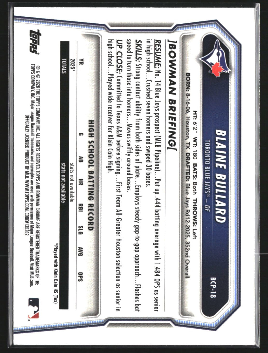 Blaine Bullard 2026 Bowman BCP-18 Chrome Prospects Lazer Refractor Blue Jays