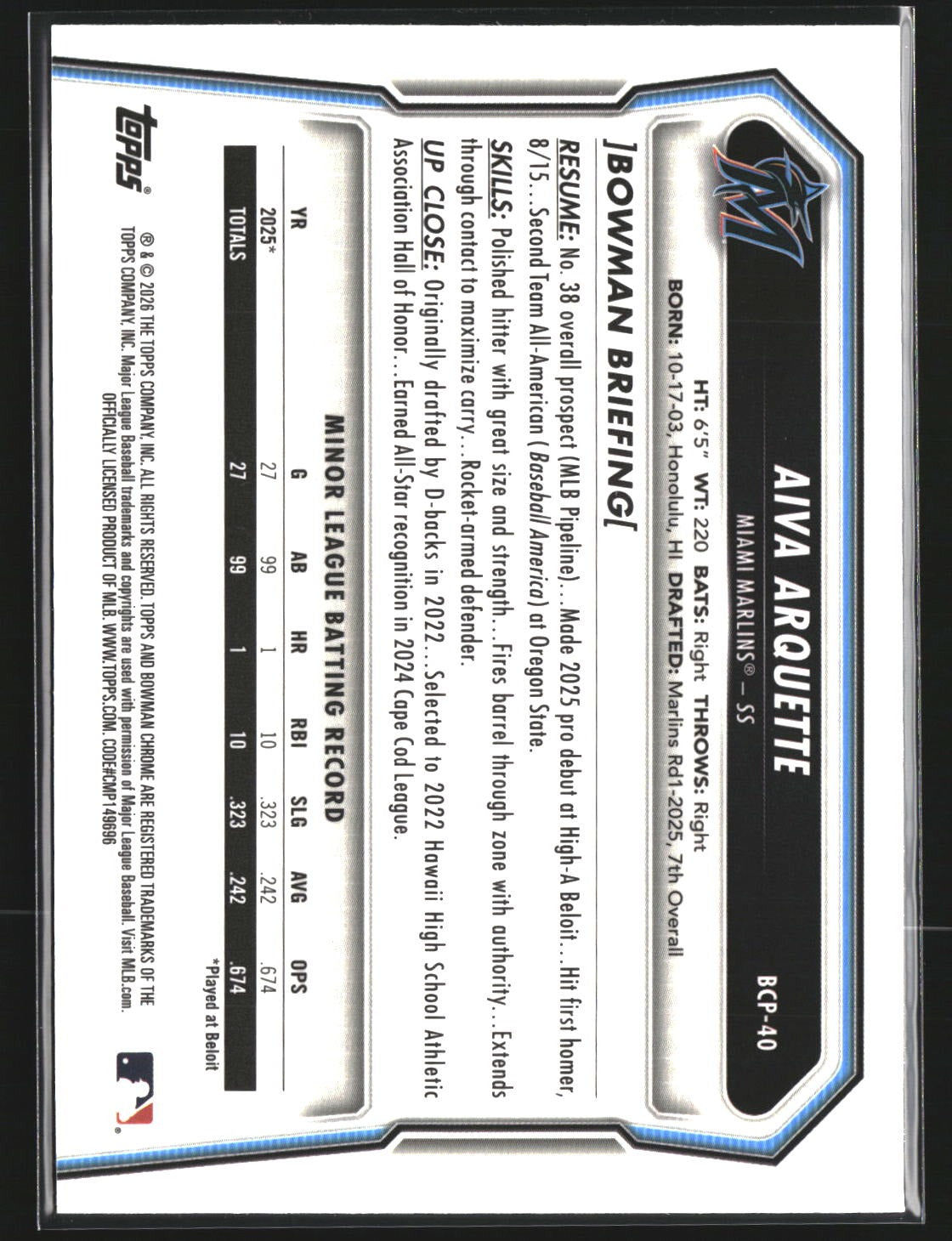 Aiva Arquette 2026 Bowman BCP-40 Chrome Prospects Mojo Refractor Miami Marlins