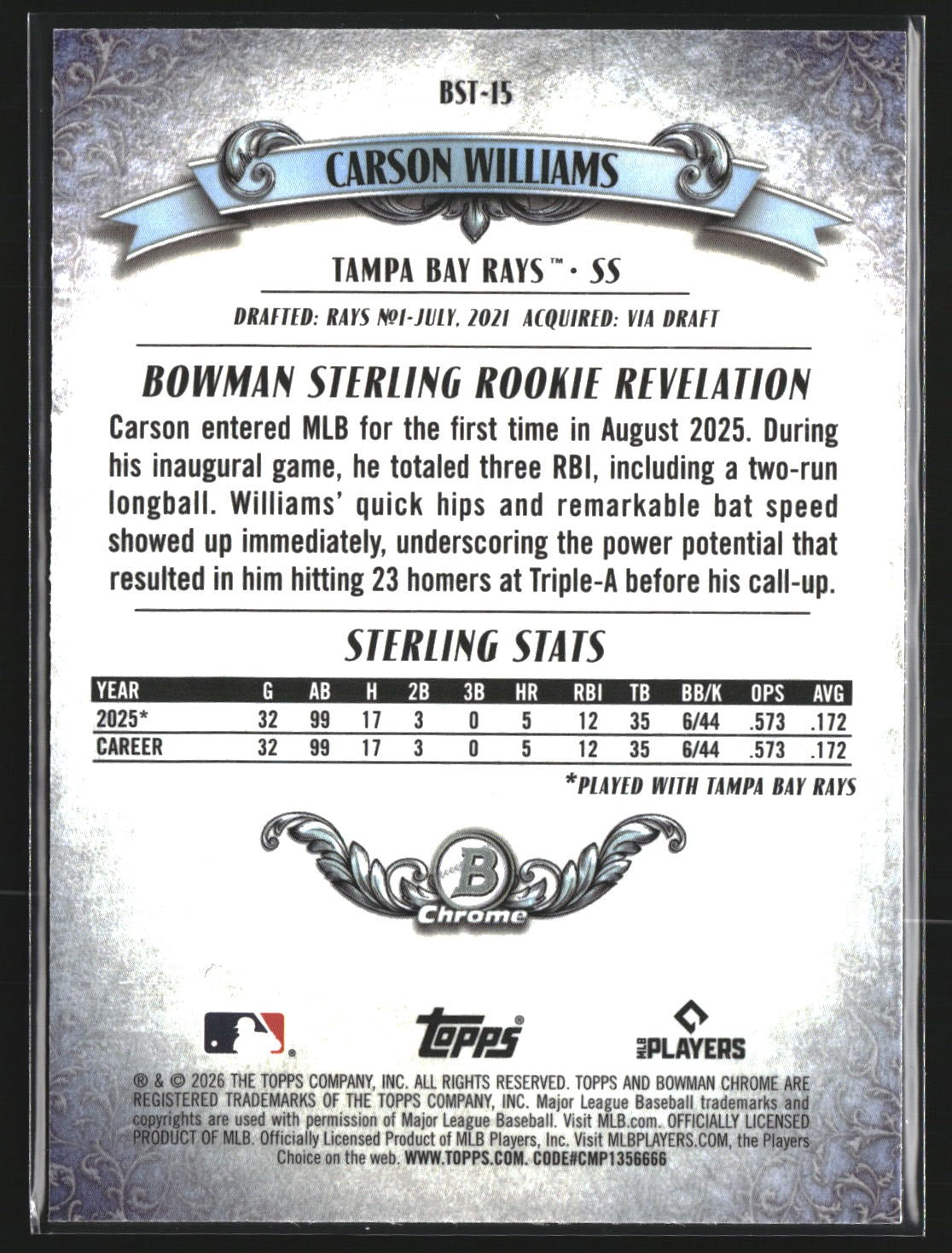Carson Williams 2026 Bowman BST-15 Bowman Sterling Mojo Refractor Tampa Bay Rays