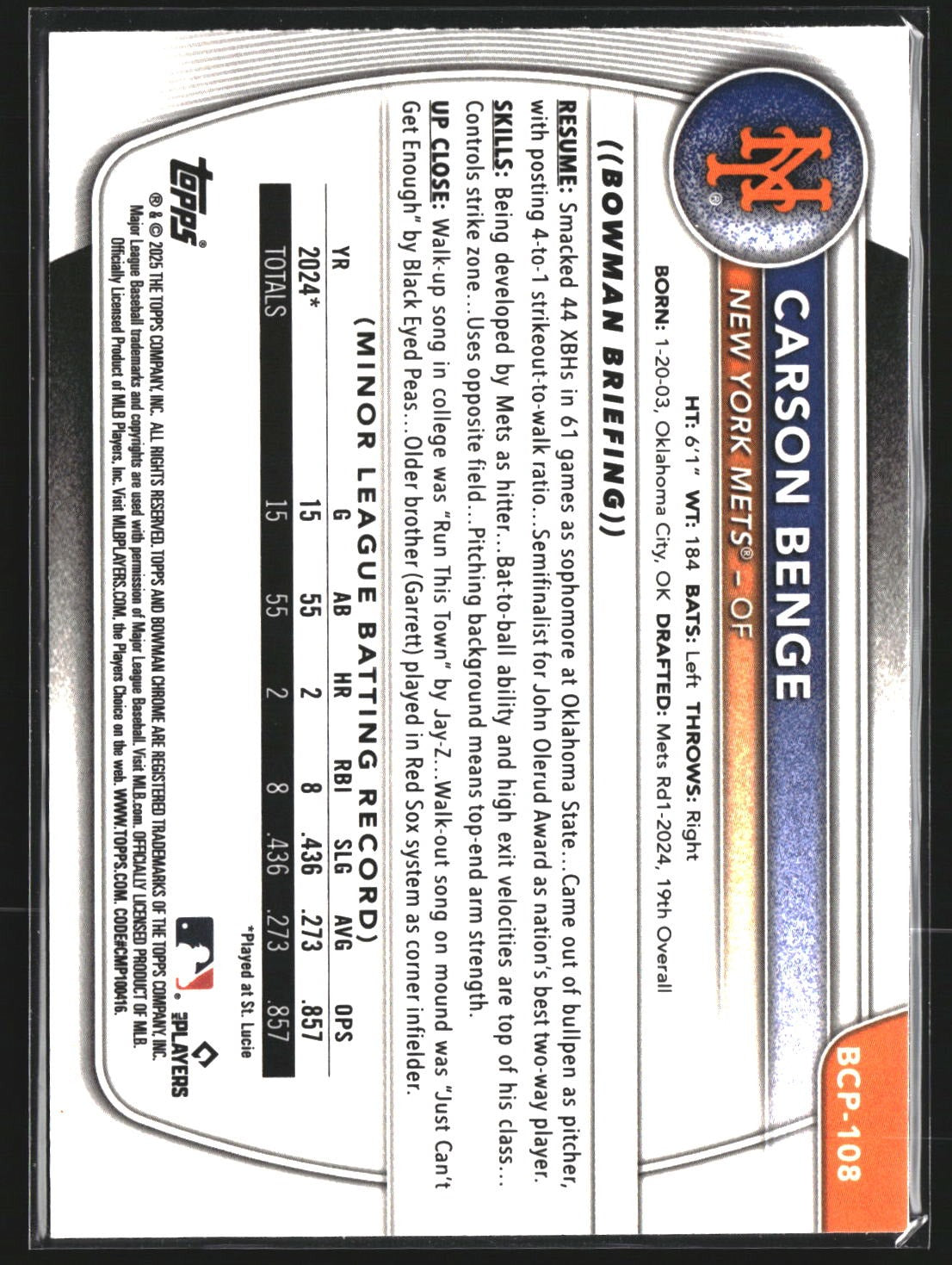Carson Benge 2025 Bowman BCP-108 Chrome Prospects Reptilian Refractor Mets