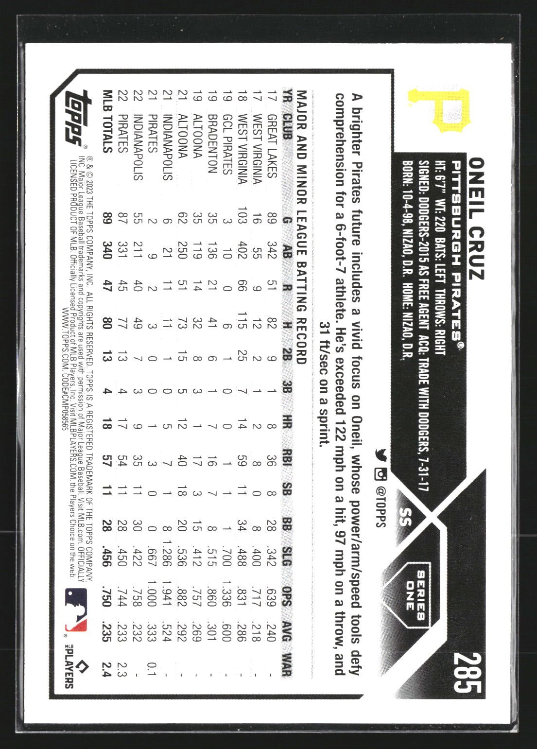 Oneil Cruz 2023 Topps 285 Royal Blue Pittsburgh Pirates
