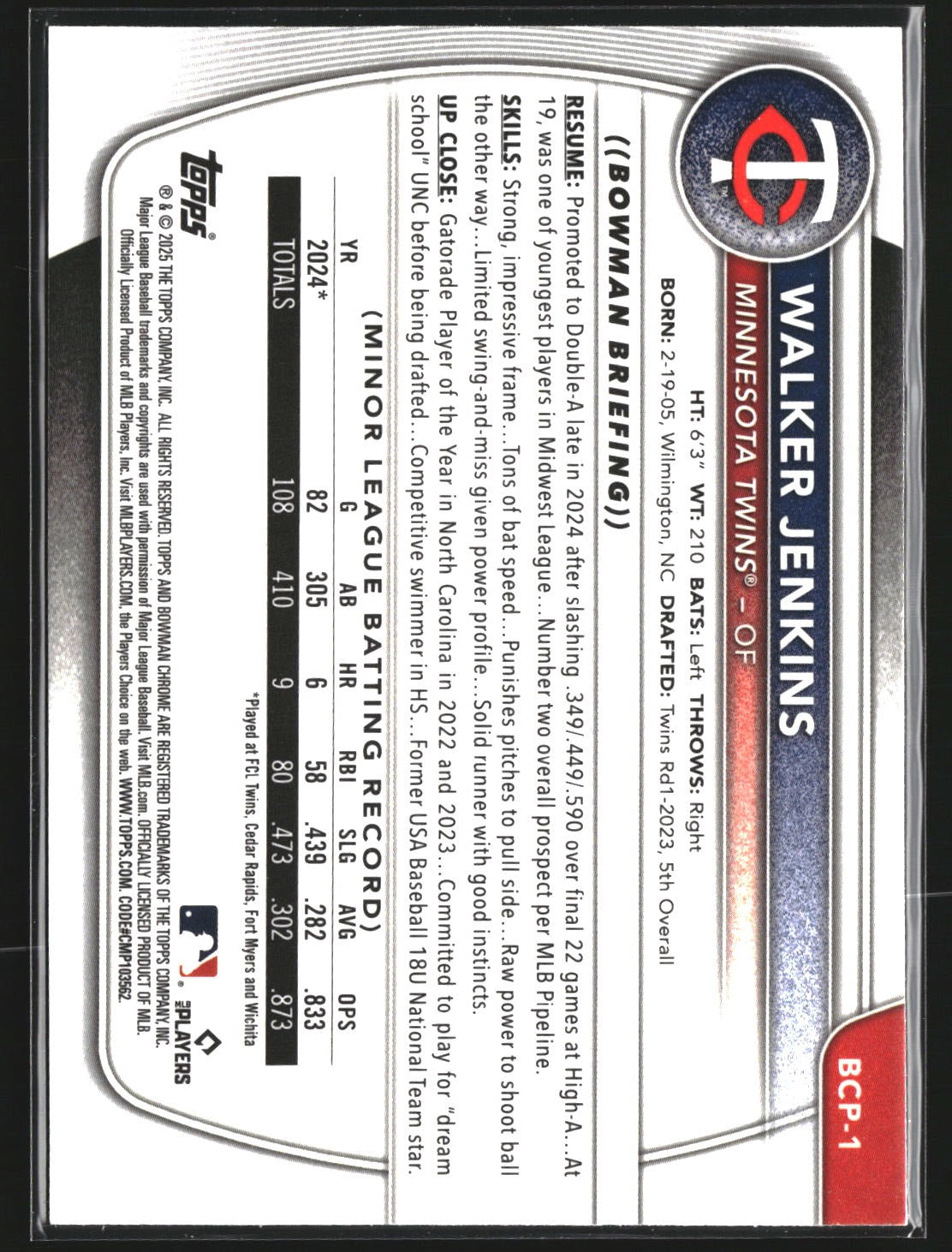 Walker Jenkins 2025 Bowman BCP-1 Chrome Prospects Mojo Refractor Minnesota Twins