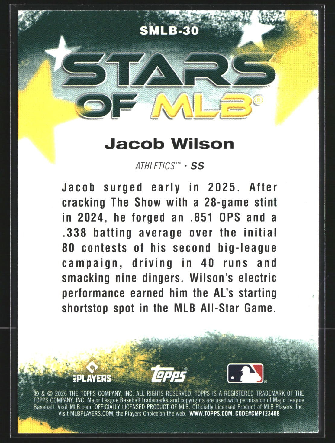 Jacob Wilson 2026 Topps SMLB-30 Stars of MLB Athletics