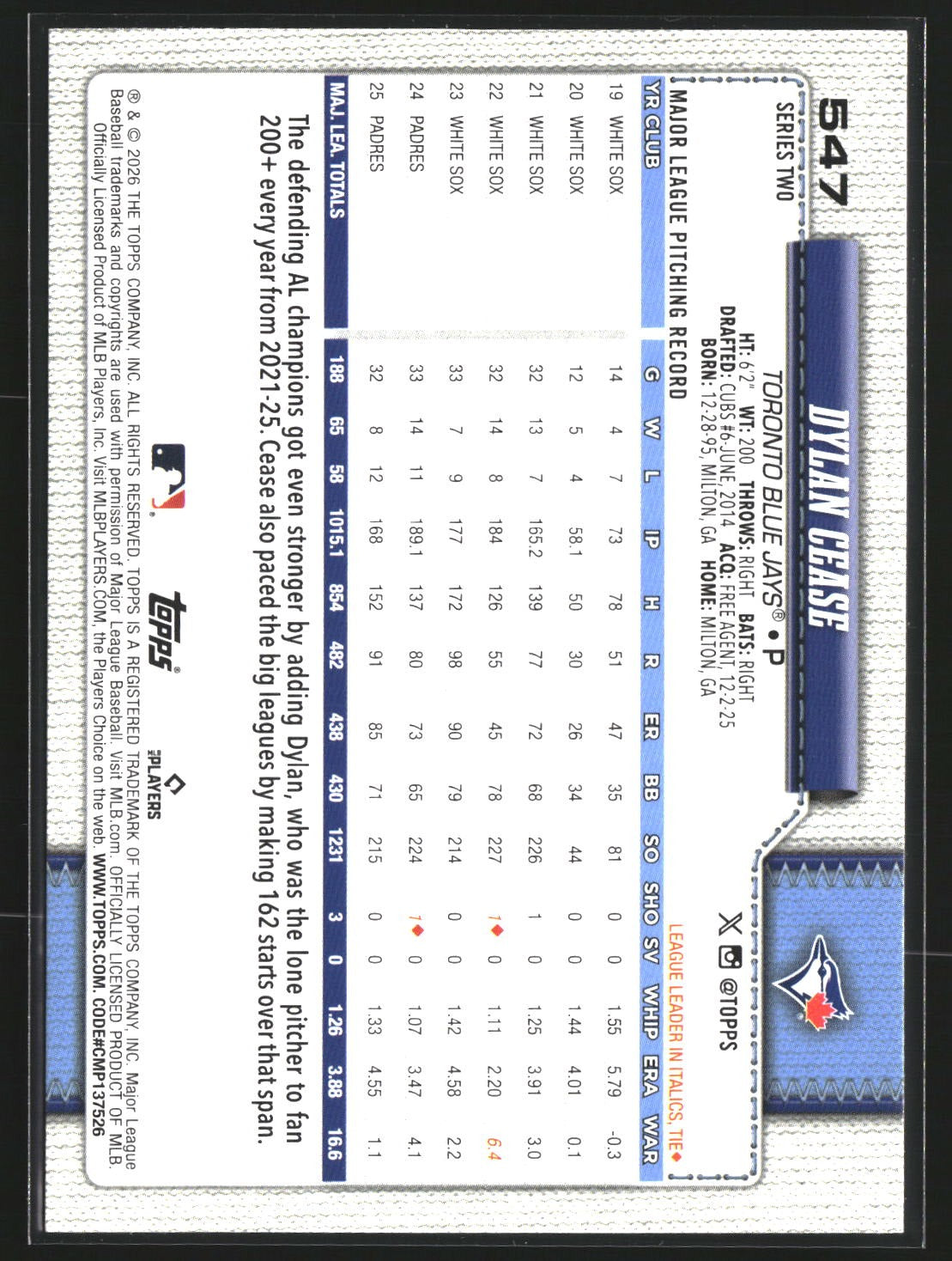Dylan Cease 2026 Topps 547 Holiday Toronto Blue Jays