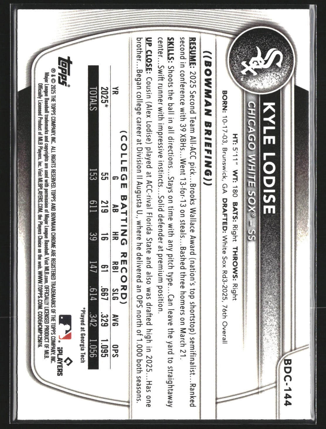 Kyle Lodise 2025 Bowman Draft BDC-144 Chrome Mojo Refractor Chicago White Sox