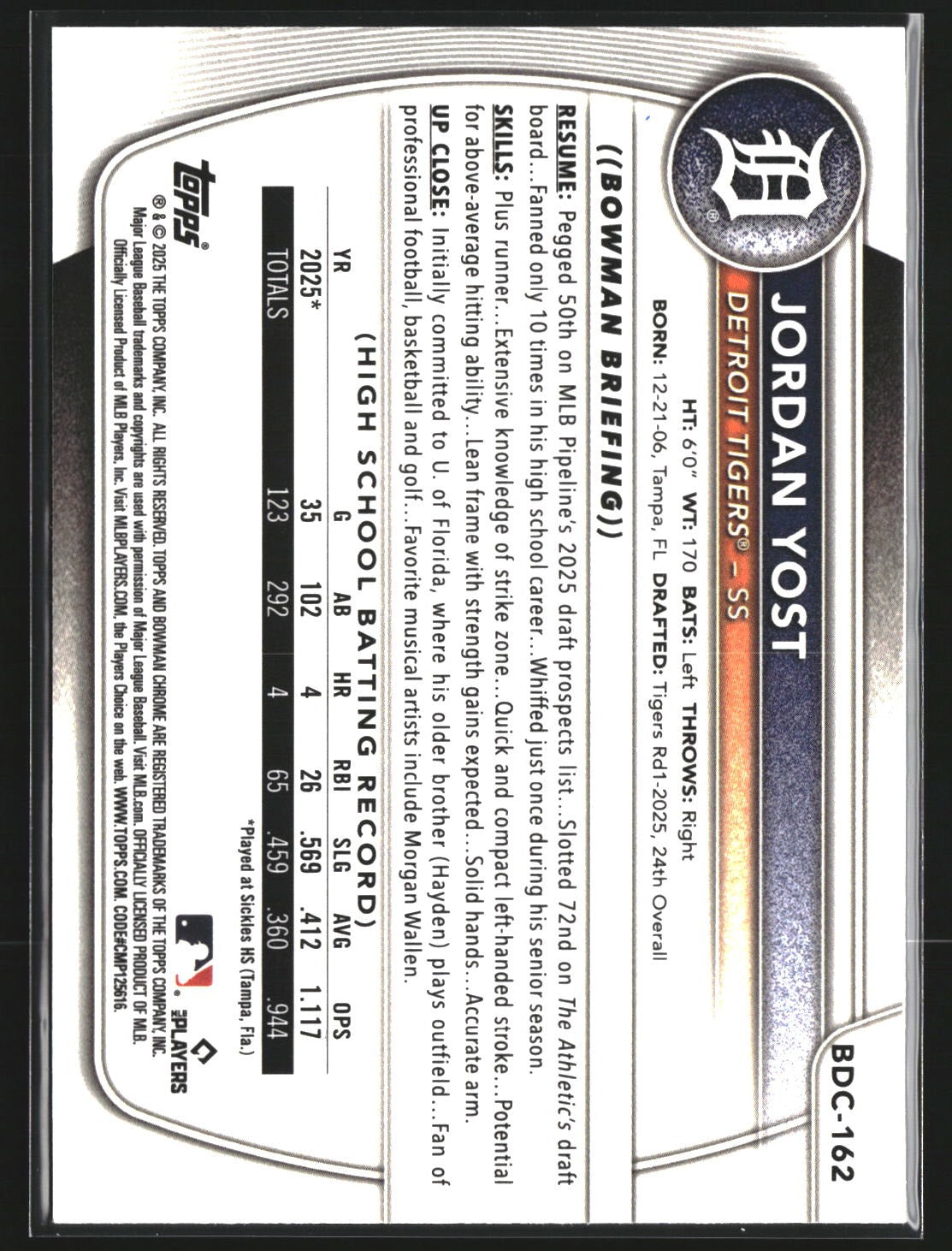 Jordan Yost 2025 Bowman Draft BDC-162 Chrome Mojo Refractor Detroit Tigers