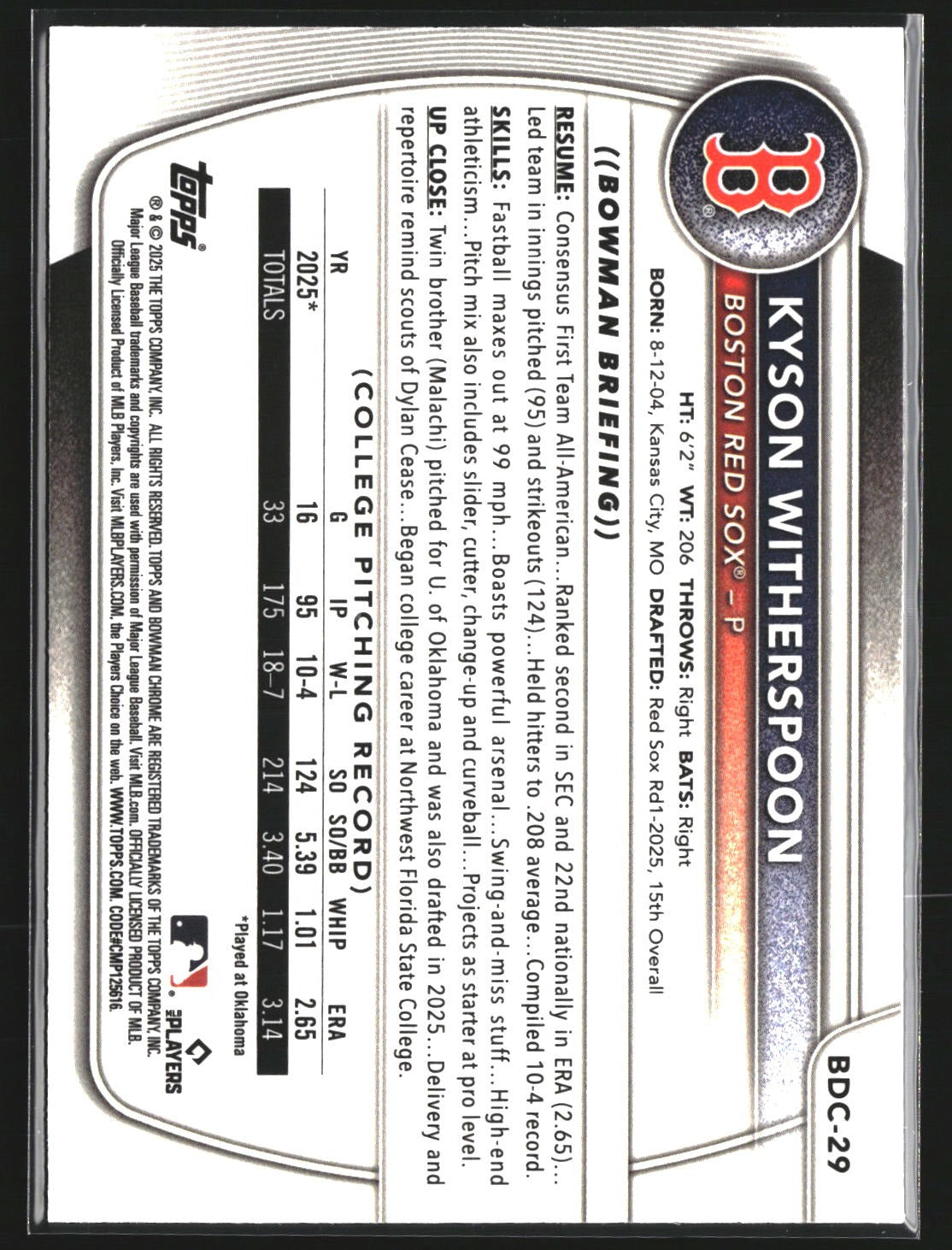 Kyson Witherspoon 2025 Bowman Draft BDC-29 Chrome Mojo Refractor Boston Red Sox