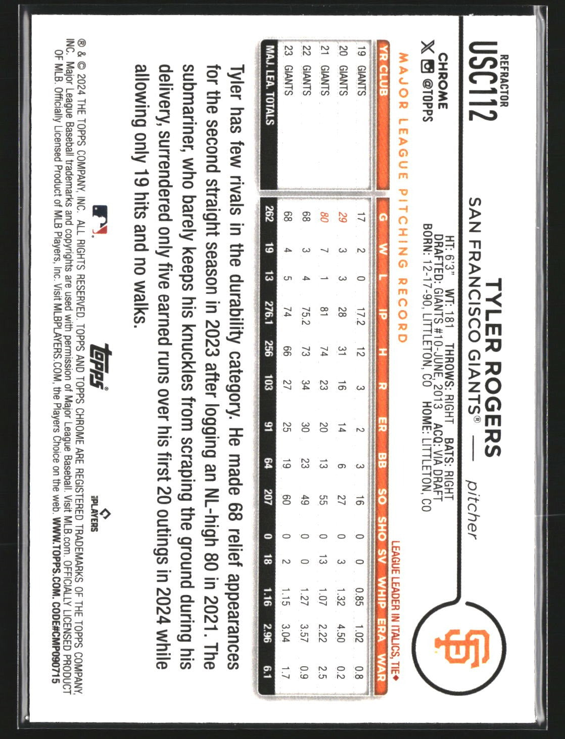 Tyler Rogers 2024 Topps Chrome Update USC112 Prism Refractor San Francisco Giant