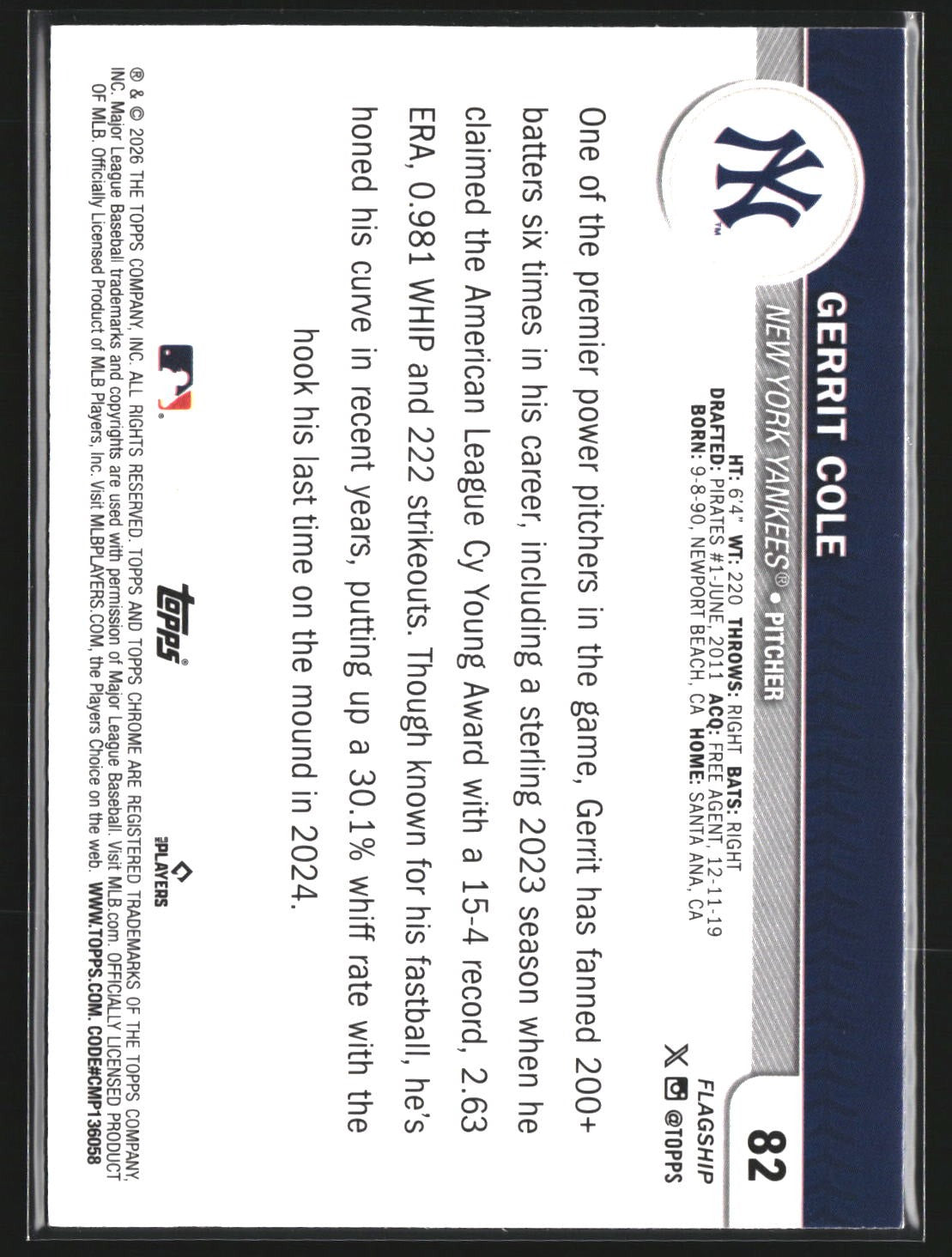 Gerrit Cole 2026 Topps 82 Flagship Collection Chrome New York Yankees