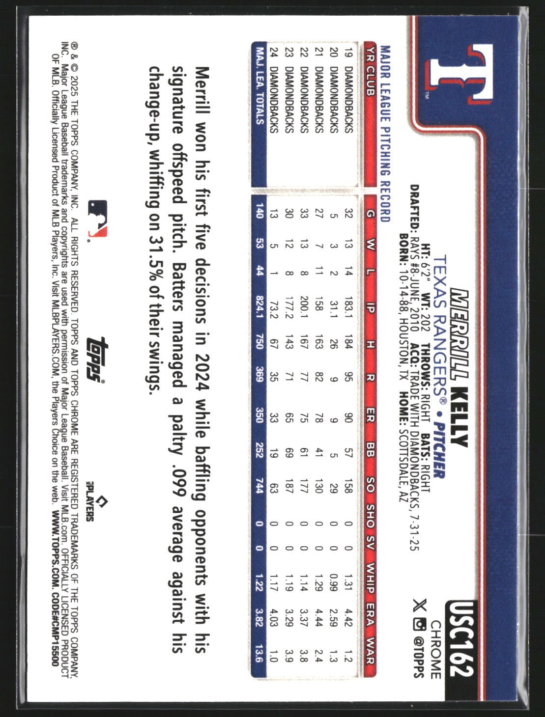 Merrill Kelly 2025 Topps Chrome Update USC162 Sepia Refractor Texas Rangers