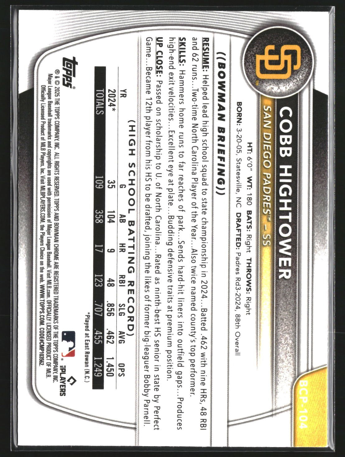 Cobb Hightower 2025 Bowman BCP-104 Chrome Prospects Mojo Refractor Padres