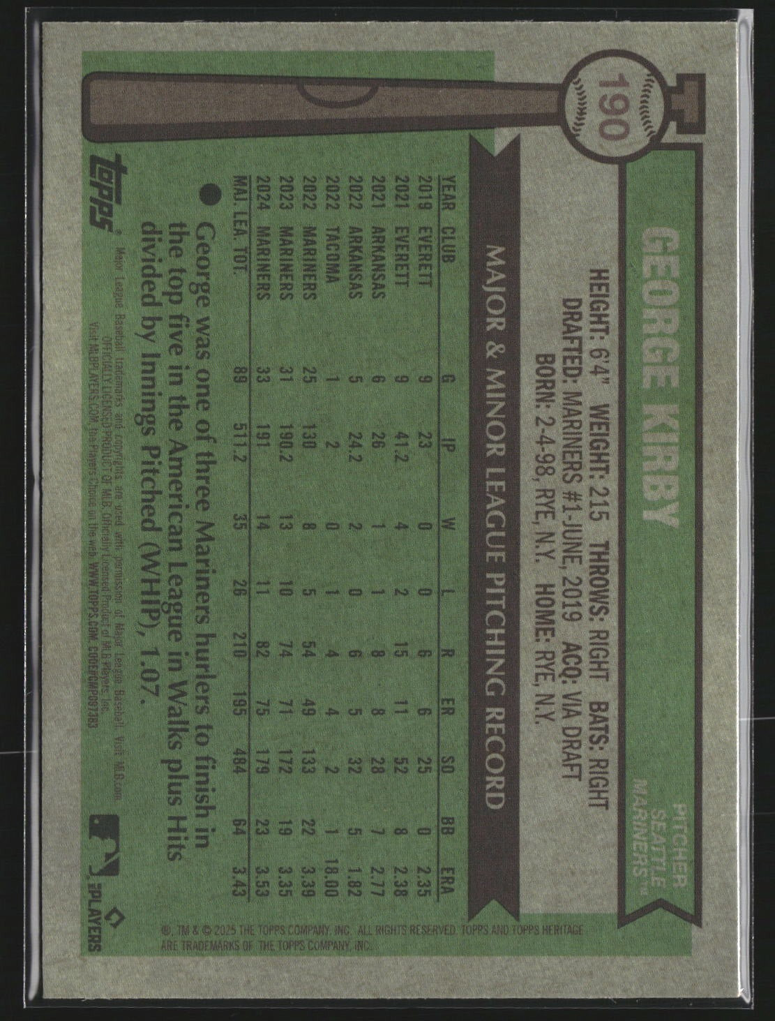 George Kirby 2025 Topps Heritage 190 Chrome Pink Sparkle Refractor Mariners