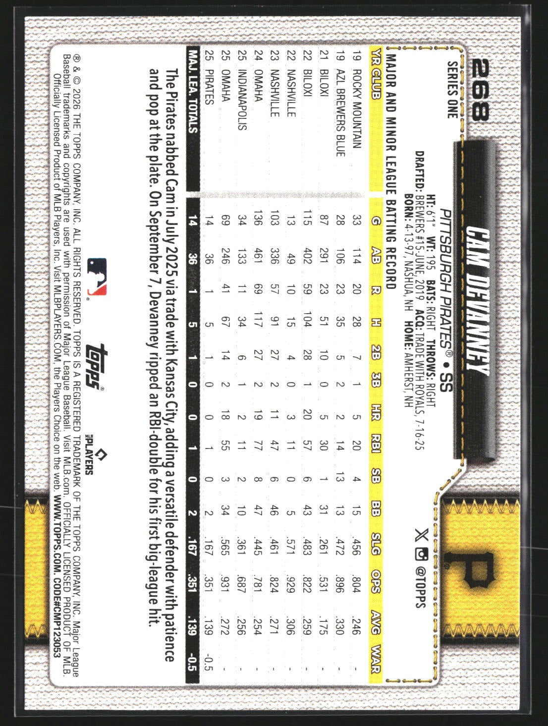 Cam Devanney 2026 Topps 268 Spring Training RC RC Pittsburgh Pirates