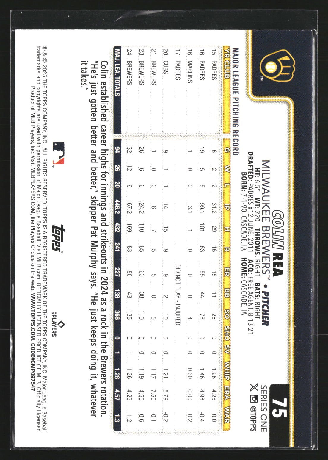 Colin Rea 2025 Topps 75 Tinsel Milwaukee Brewers