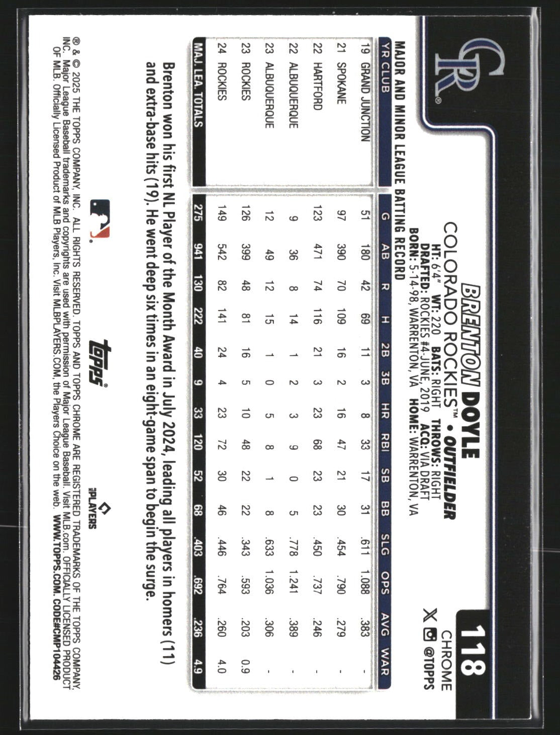 Brenton Doyle 2025 Topps Chrome 118 Sepia Refractor Colorado Rockies