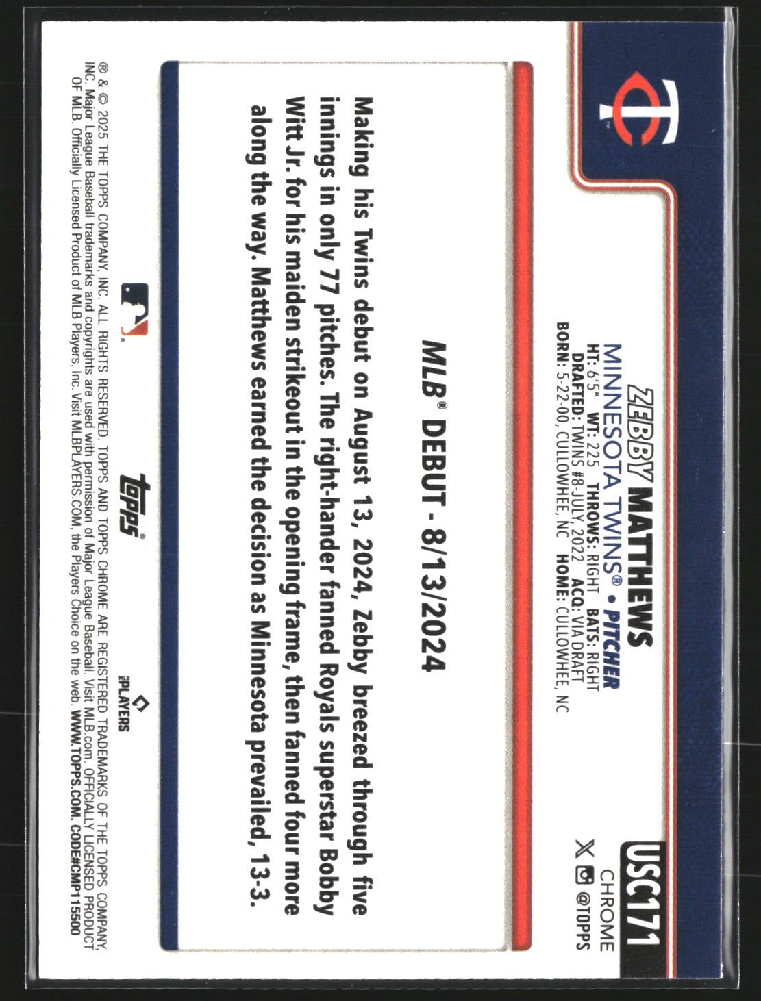 Zebby Matthews 2025 Topps Chrome Update USC171 X-Fractors Minnesota Twins