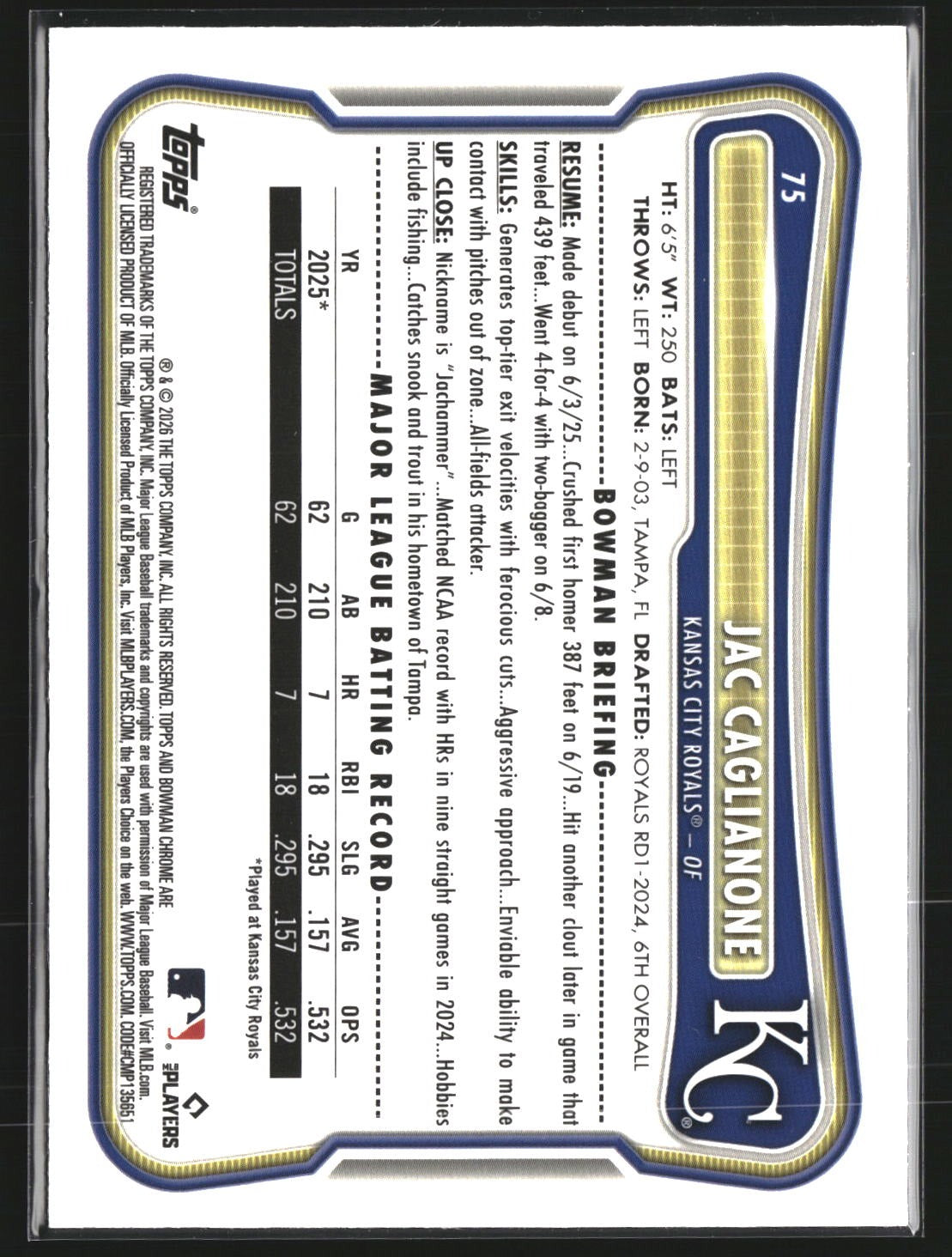 Jac Caglianone 2026 Bowman 75 Chrome Mojo Refractor RC RC Kansas City Royals