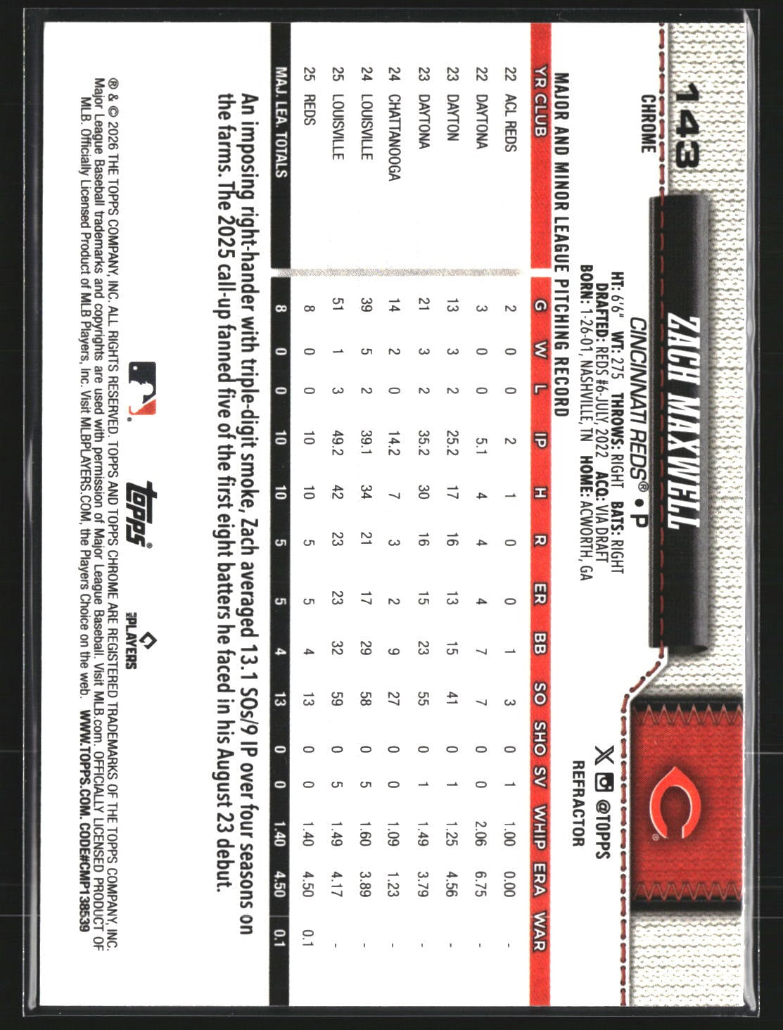 Zach Maxwell 2026 Topps Chrome 143 Refractor RC RC Cincinnati Reds