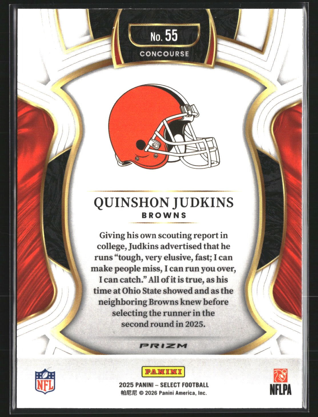 Quinshon Judkins 2025 Panini Select 55 Black and Red Prizm Shock Cleveland Brown
