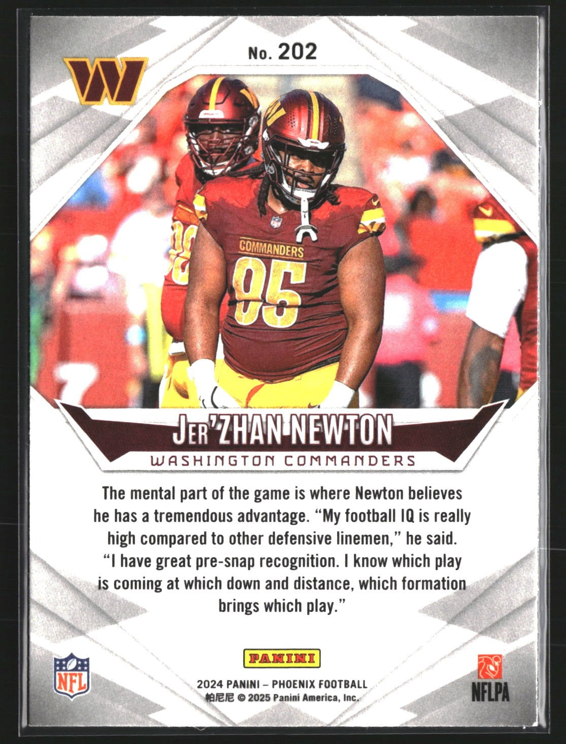 Jer'Zhan Newton 2024 Panini Phoenix 202 Lazer RC RC Washington Commanders