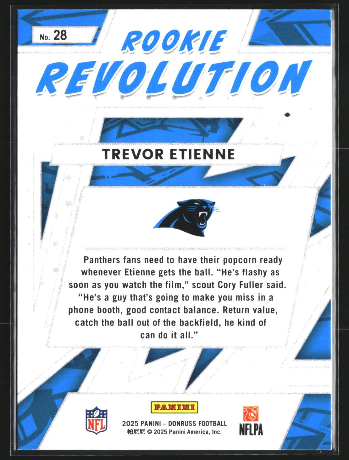 Trevor Etienne 2025 Donruss 28 Rookie Revolution Carolina Panthers