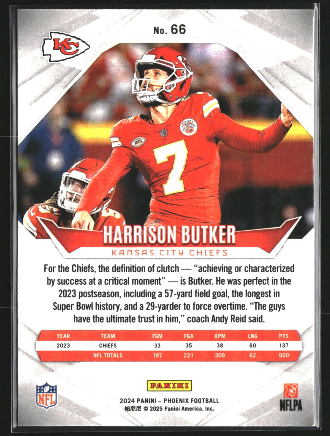 Harrison Butker 2024 Panini Phoenix 66 Orange Kansas City Chiefs