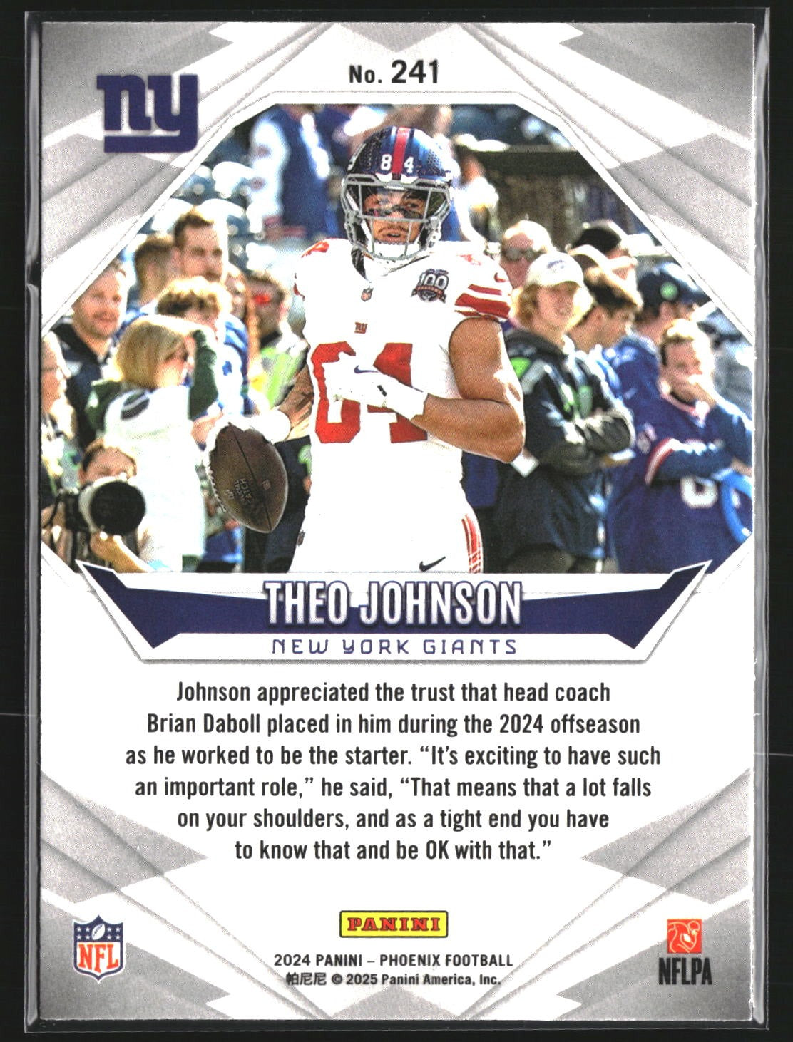 Theo Johnson 2024 Panini Phoenix 241 RC RC New York Giants