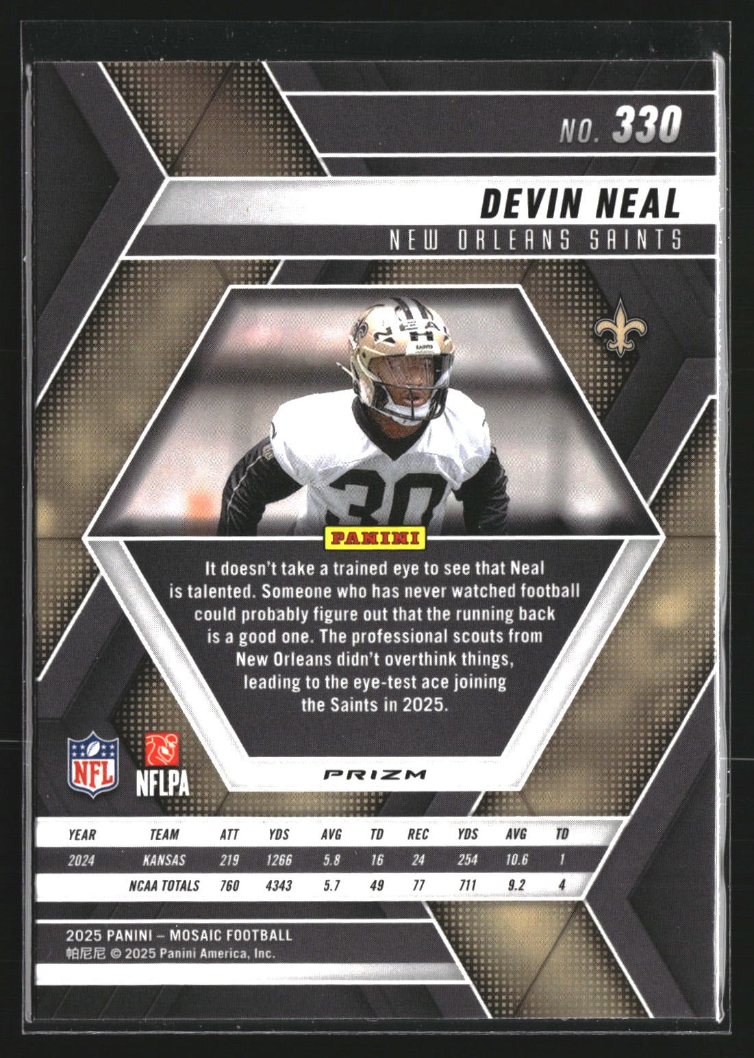 Devin Neal 2025 Panini Mosaic 330 Mosaic Camo Pink RC RC New Orleans Saints