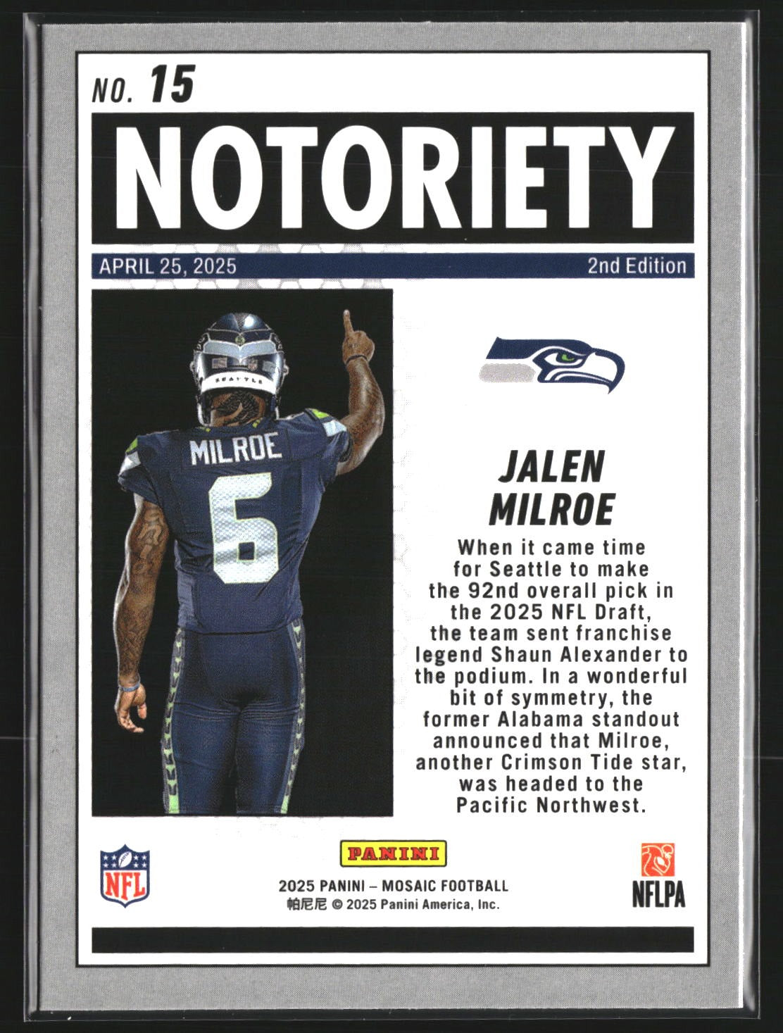 Jalen Milroe 2025 Panini Mosaic 15 Notoriety Mosaic Seattle Seahawks