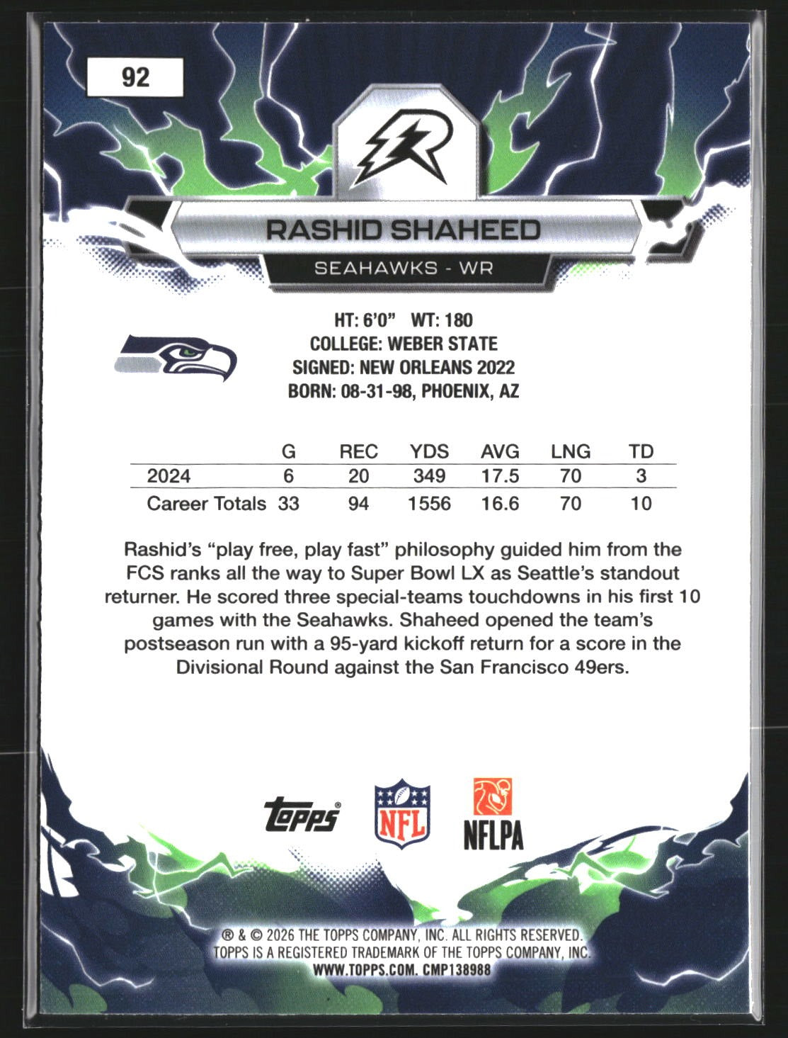 Rashid Shaheed 2025 Topps Resurgence 92 Sky Blue & Pink Shock Refractor Seahawks