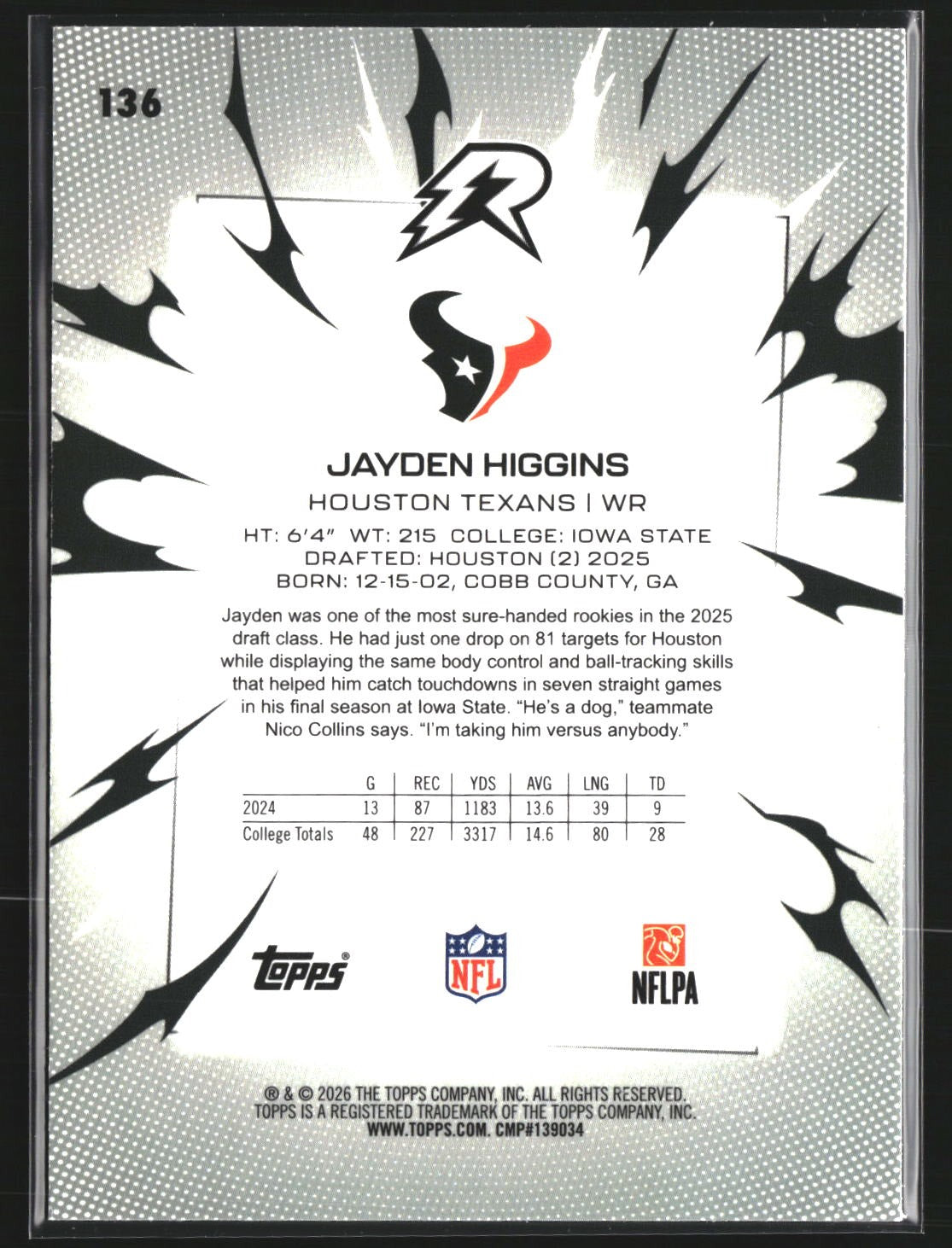 Jayden Higgins 2025 Topps Resurgence 136 Sky Blue & Pink Shock Refractor Texans