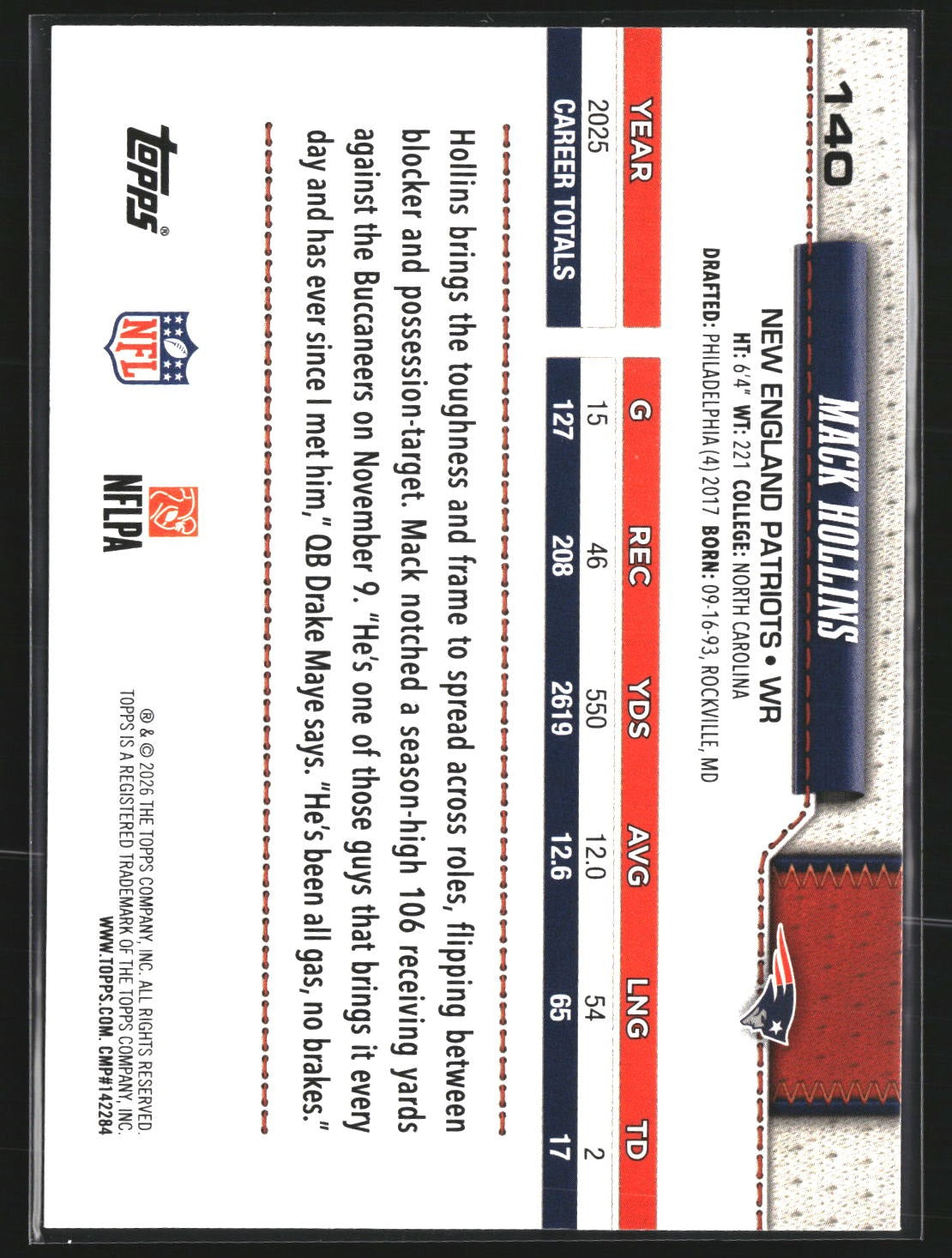 Mack Hollins 2026 Topps Flagship 140 Rainbow Foil New England Patriots