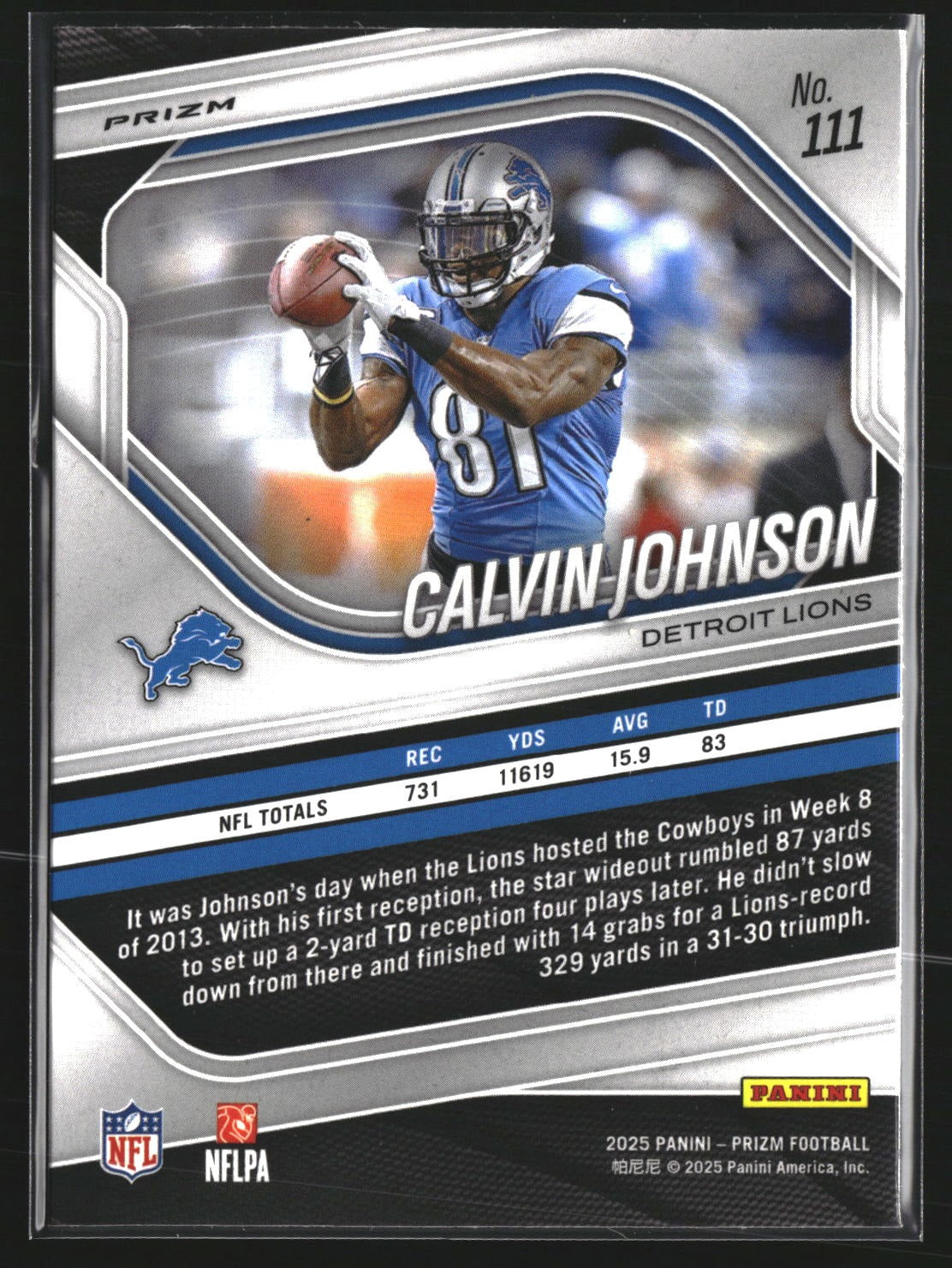 Calvin Johnson 2025 Panini Prizm 111 Silver HOF Detroit Lions