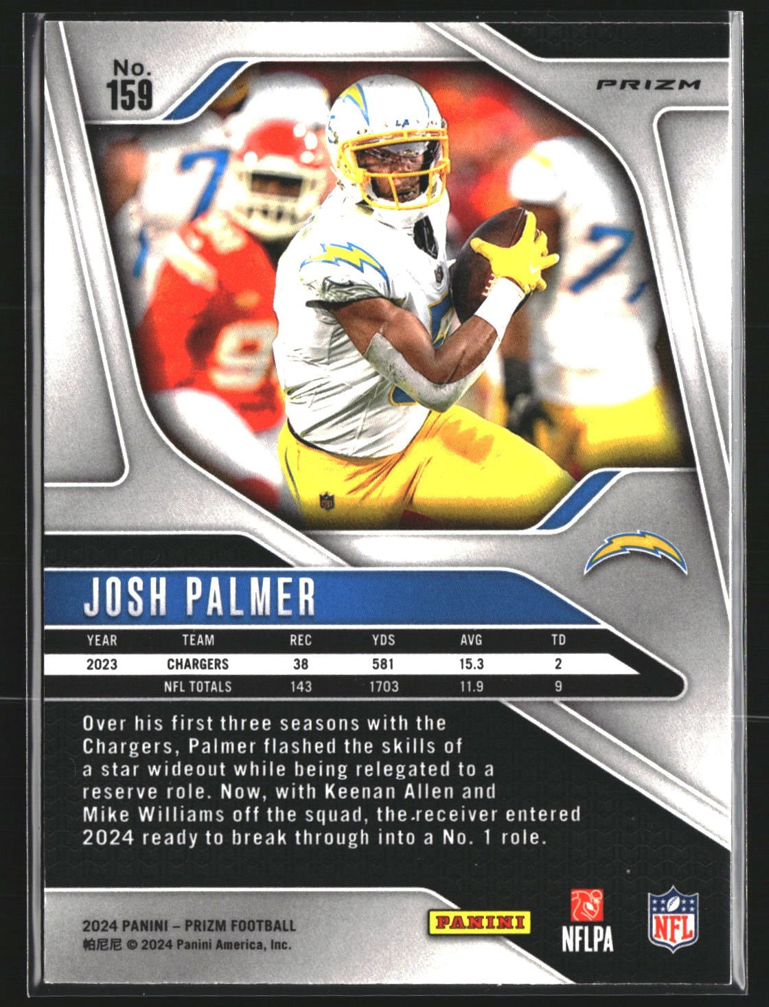 Josh Palmer 2024 Panini Prizm 159 Black and White Checker Los Angeles Chargers