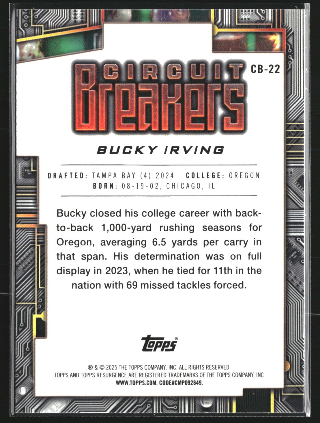 Bucky Irving 2024 Topps Resurgence CB-22 Circuit Breakers Tampa Bay Buccaneers