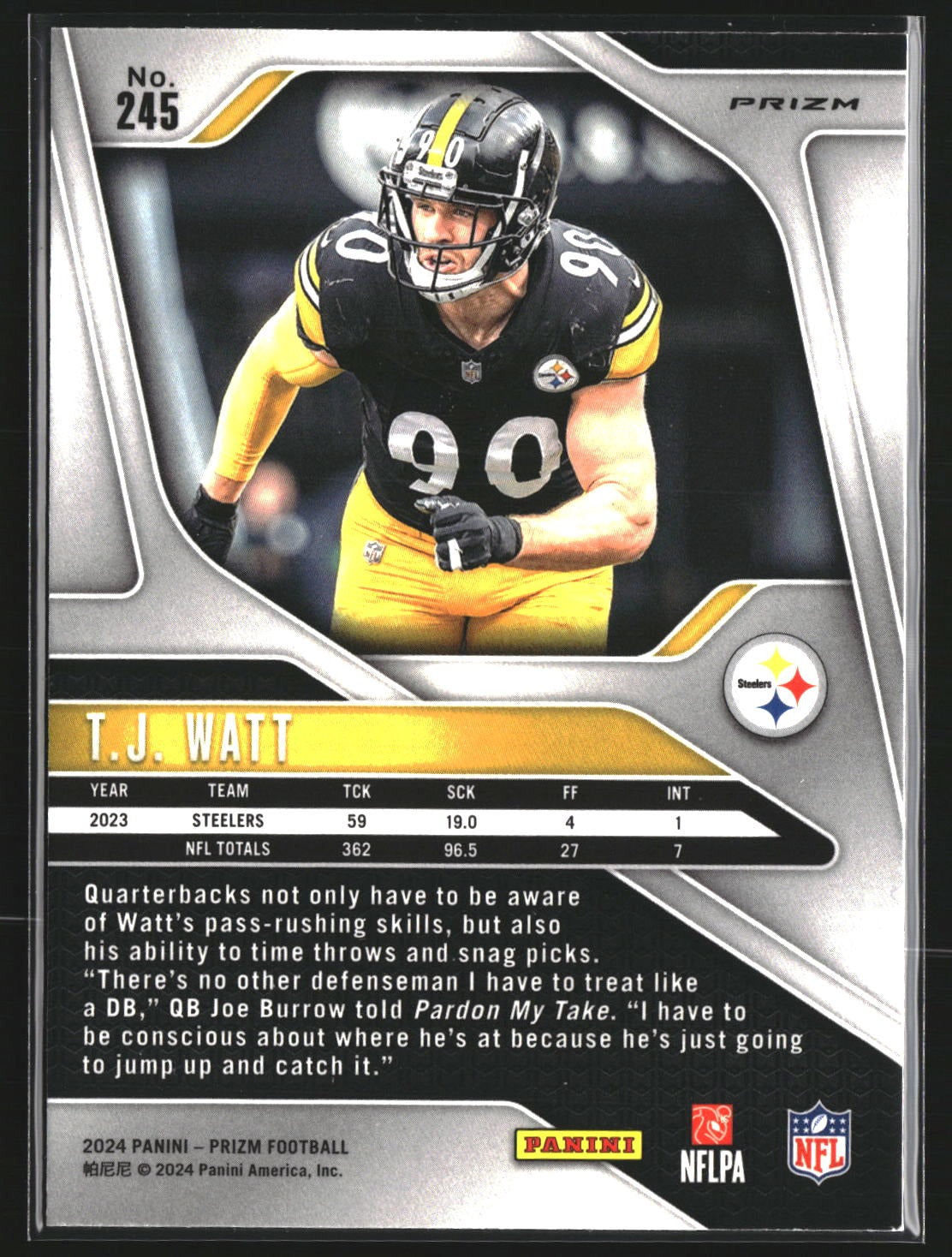 T.J. Watt 2024 Panini Prizm 245 Lazer Pittsburgh Steelers