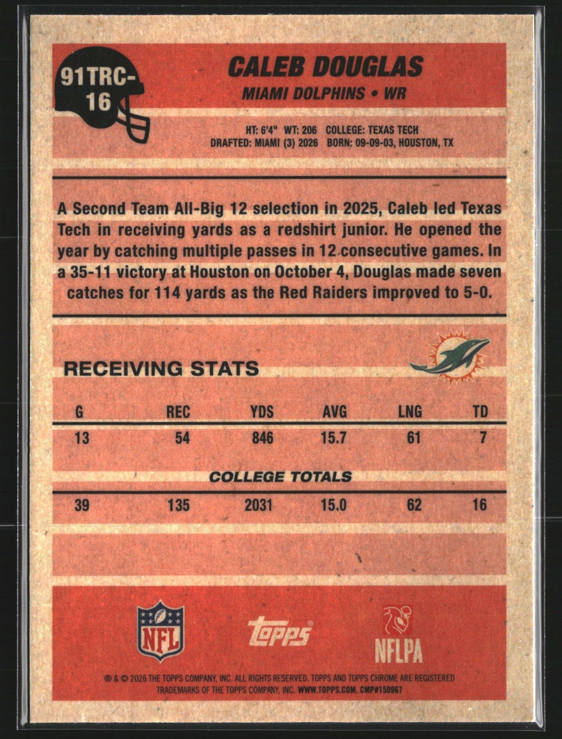 Caleb Douglas 2026 Topps Flagship 91TRC-16 1991 Topps Football 35th RC Dolphins