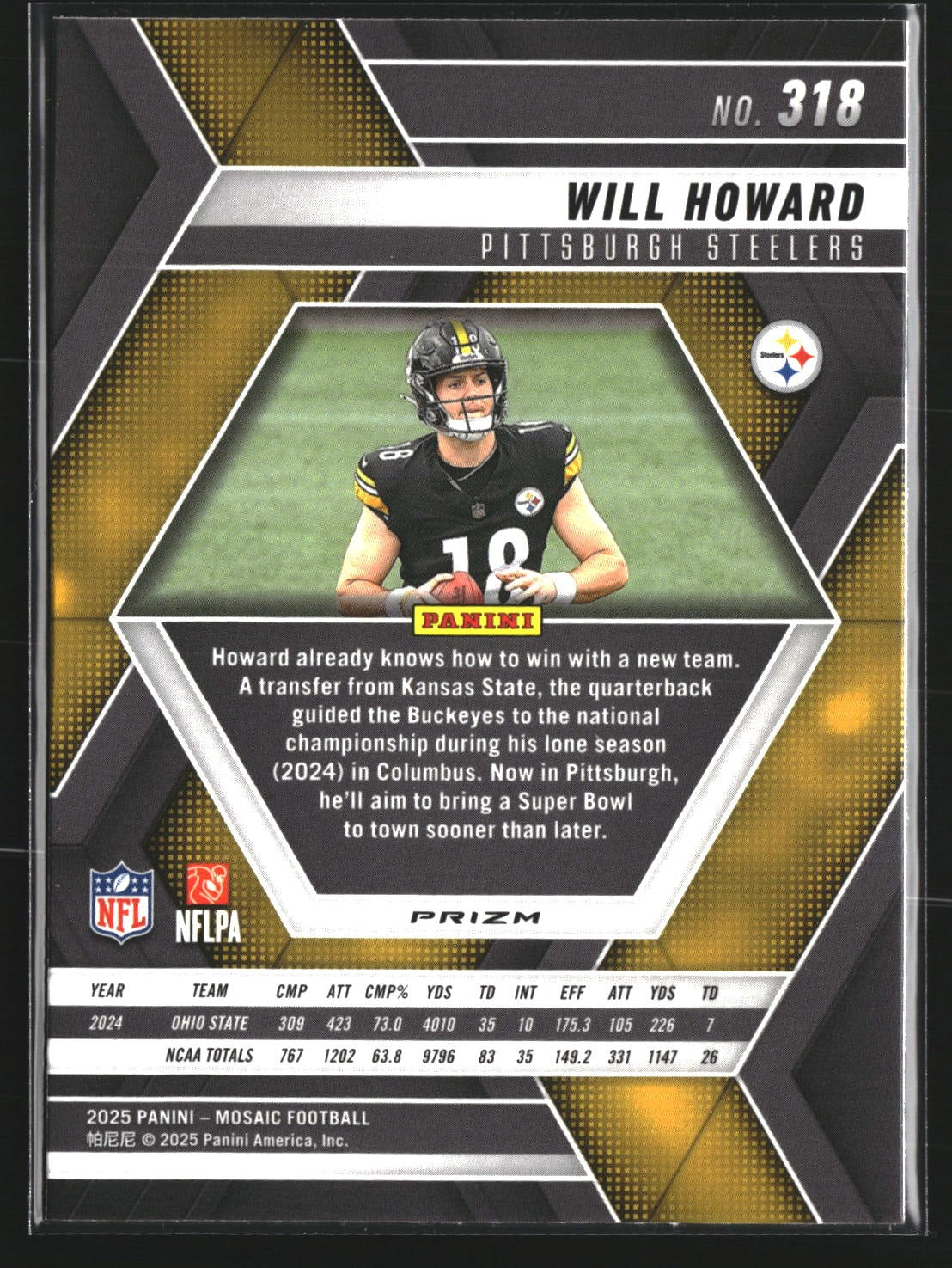 Will Howard 2025 Panini Mosaic 318 Mosaic Reactive Yellow RC Pittsburgh Steelers