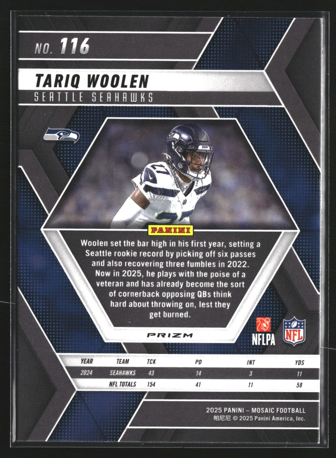 Tariq Woolen 2025 Panini Mosaic 116 Mosaic Reactive Blue Seattle Seahawks