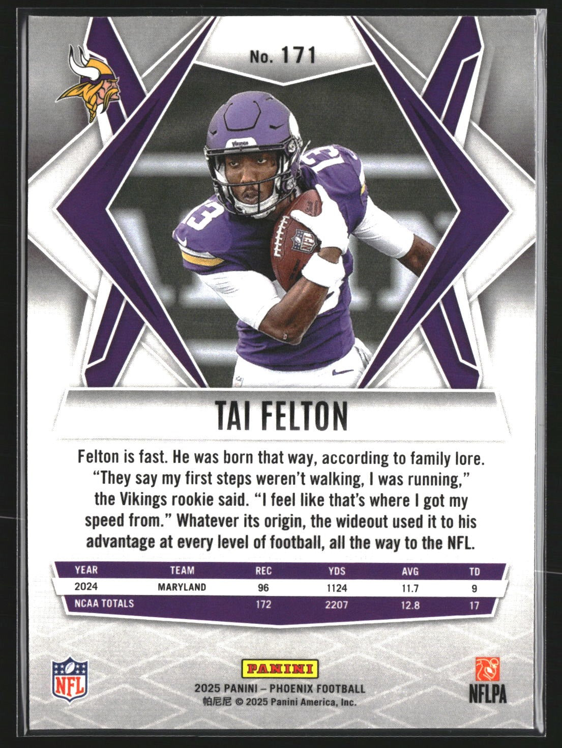 Tai Felton 2025 Panini Phoenix 171 Silver Prizm RC RC Minnesota Vikings
