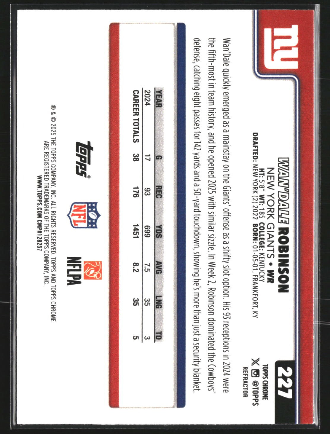 Wan'Dale Robinson 2025 Topps Chrome 227 Refractor New York Giants