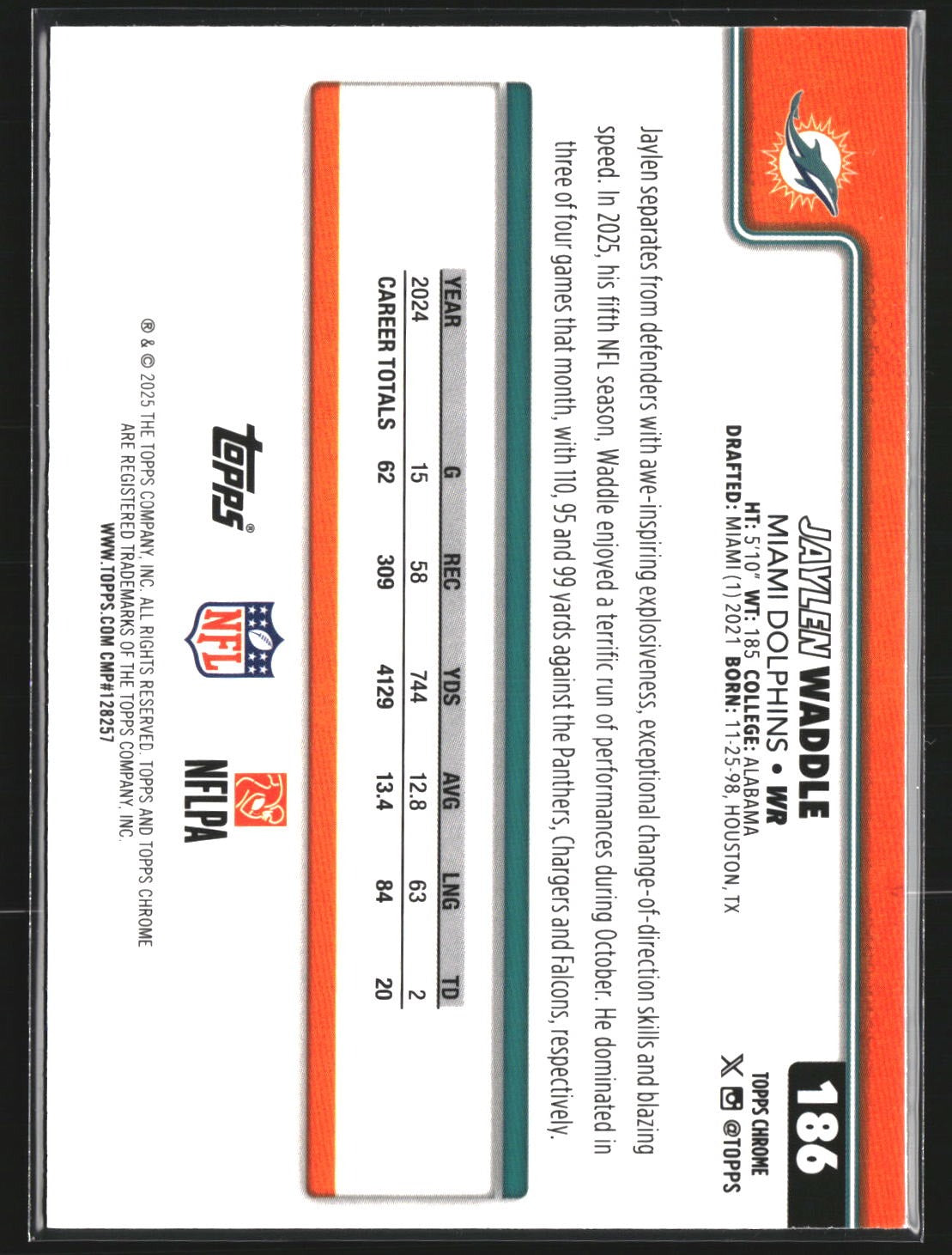 Jaylen Waddle 2025 Topps Chrome 186 Pulsar Refractor Miami Dolphins