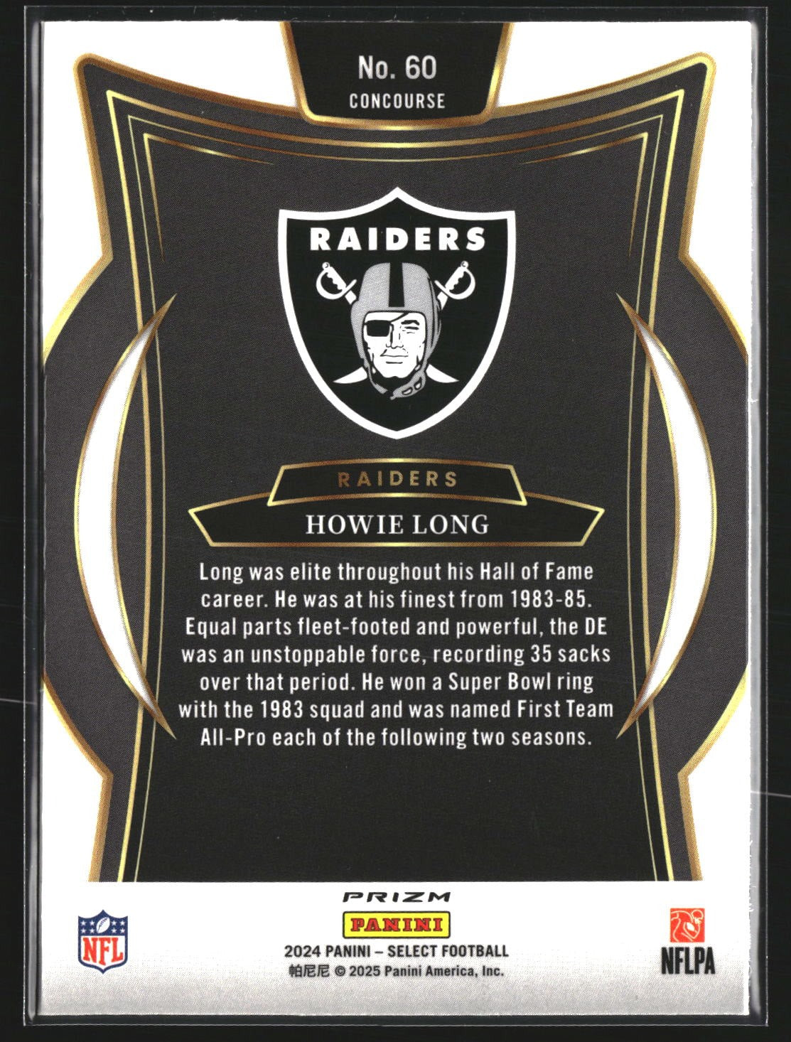 Howie Long 2024 Panini Select 60 Black & Gold Prizm Shock Los Angeles Raiders