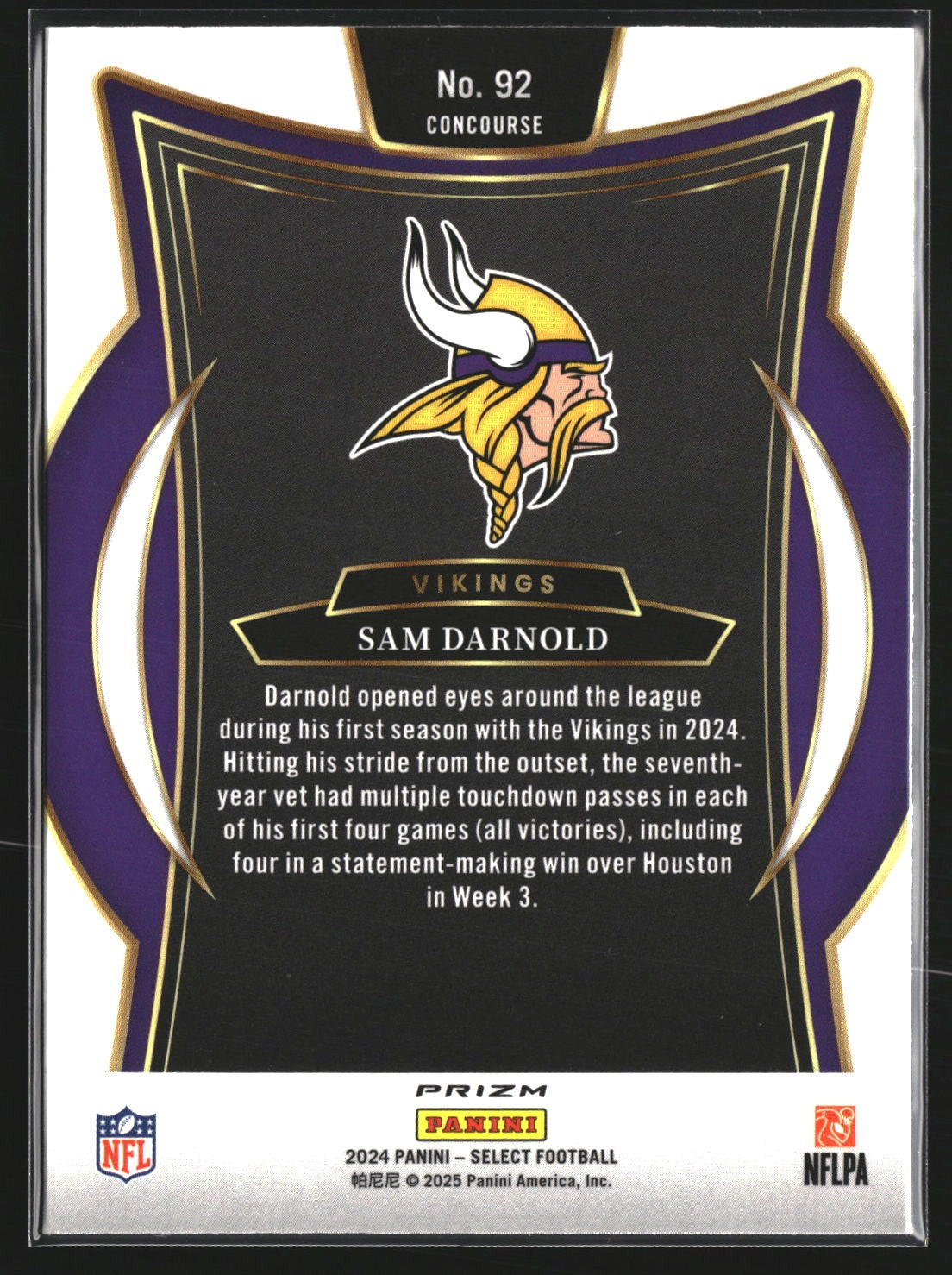 Sam Darnold 2024 Panini Select 92 Black & Gold Prizm Shock Minnesota Vikings