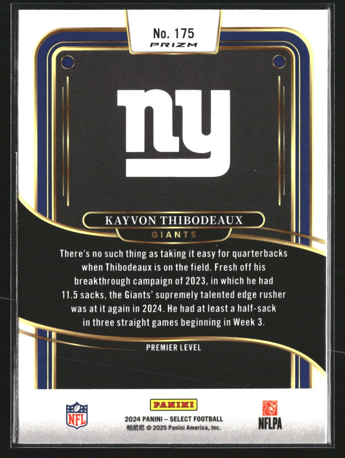 Kayvon Thibodeaux 2024 Panini Select 175 Black & Gold Prizm Shock New York Giant