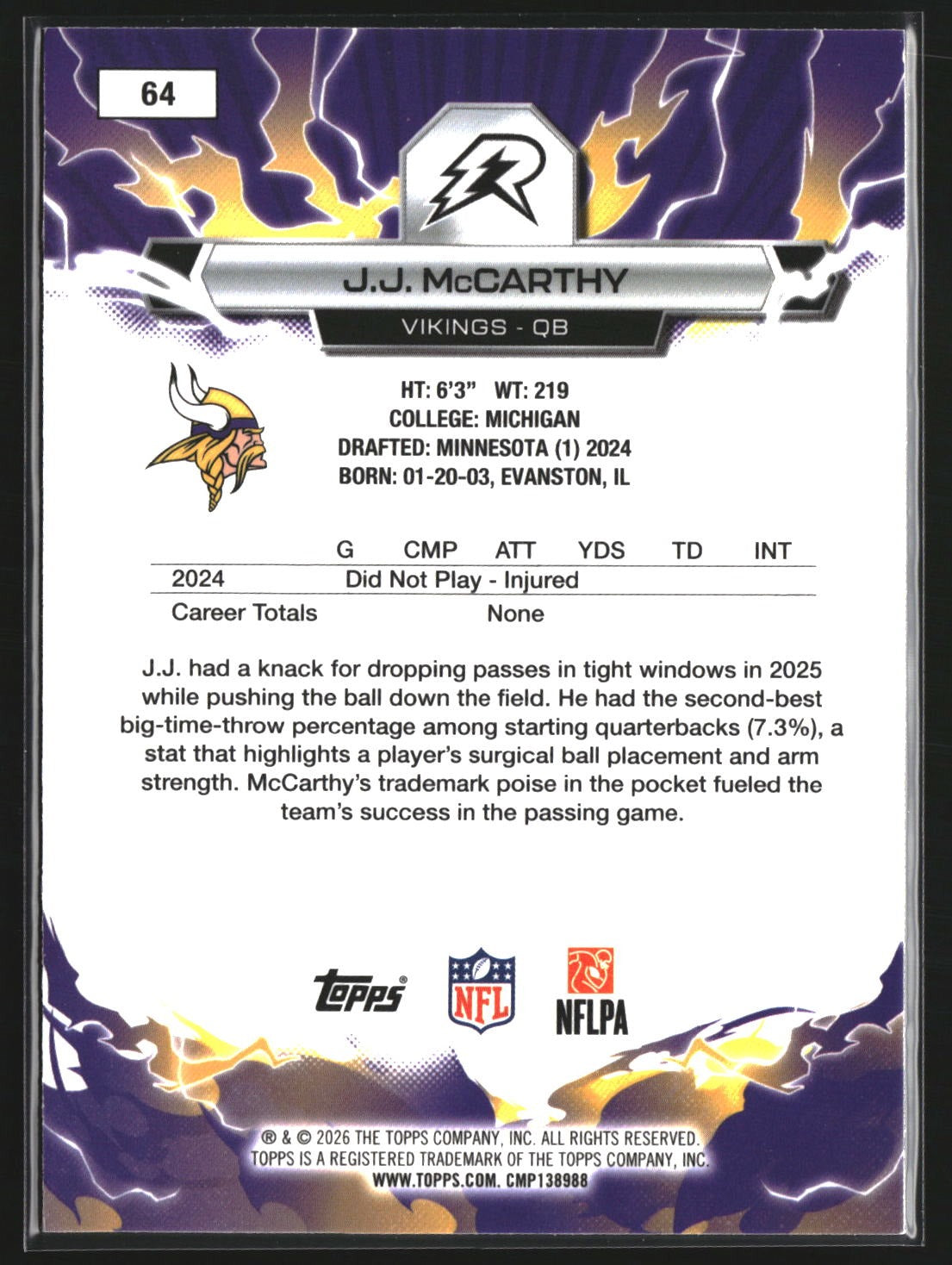 J.J. McCarthy 2025 Topps Resurgence 64 Sky Blue & Pink Shock Refractor Vikings