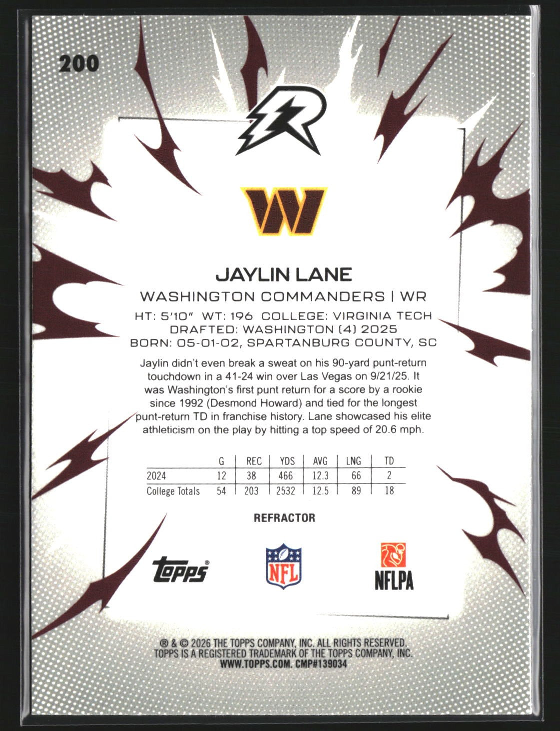 Jaylin Lane 2025 Topps Resurgence 200 Refractor Washington Commanders