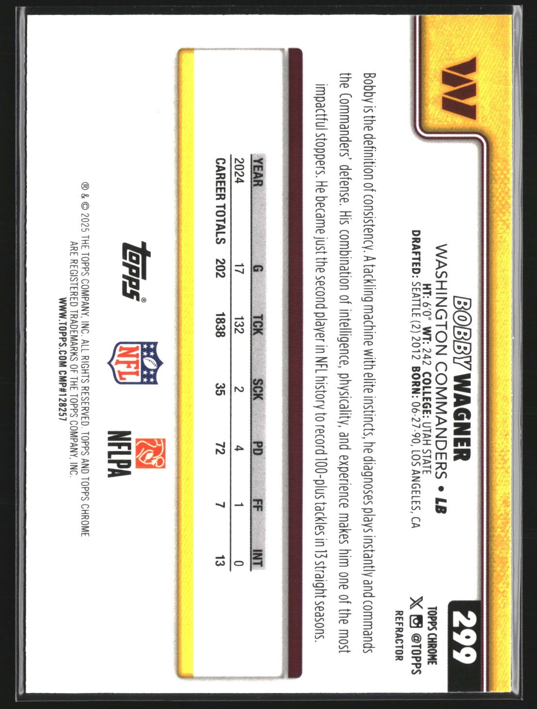 Bobby Wagner 2025 Topps Chrome 299 Refractor Washington Commanders