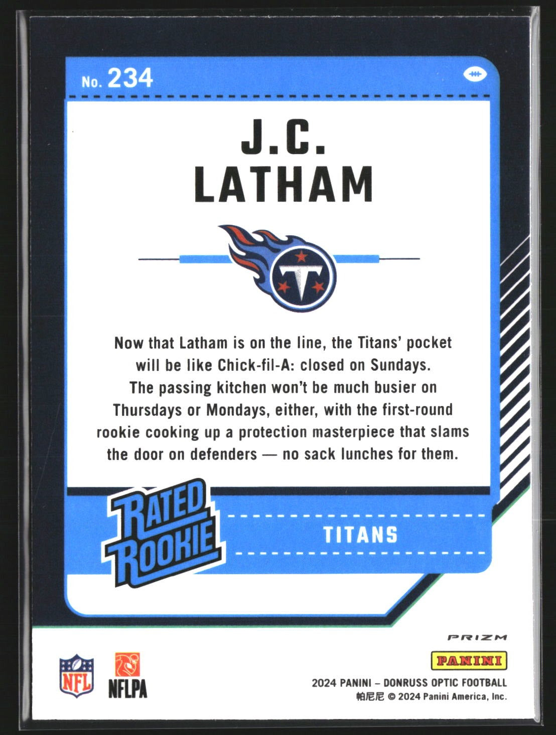 J.C. Latham 2024 Donruss Optic 234 Blue Hyper Tennessee Titans