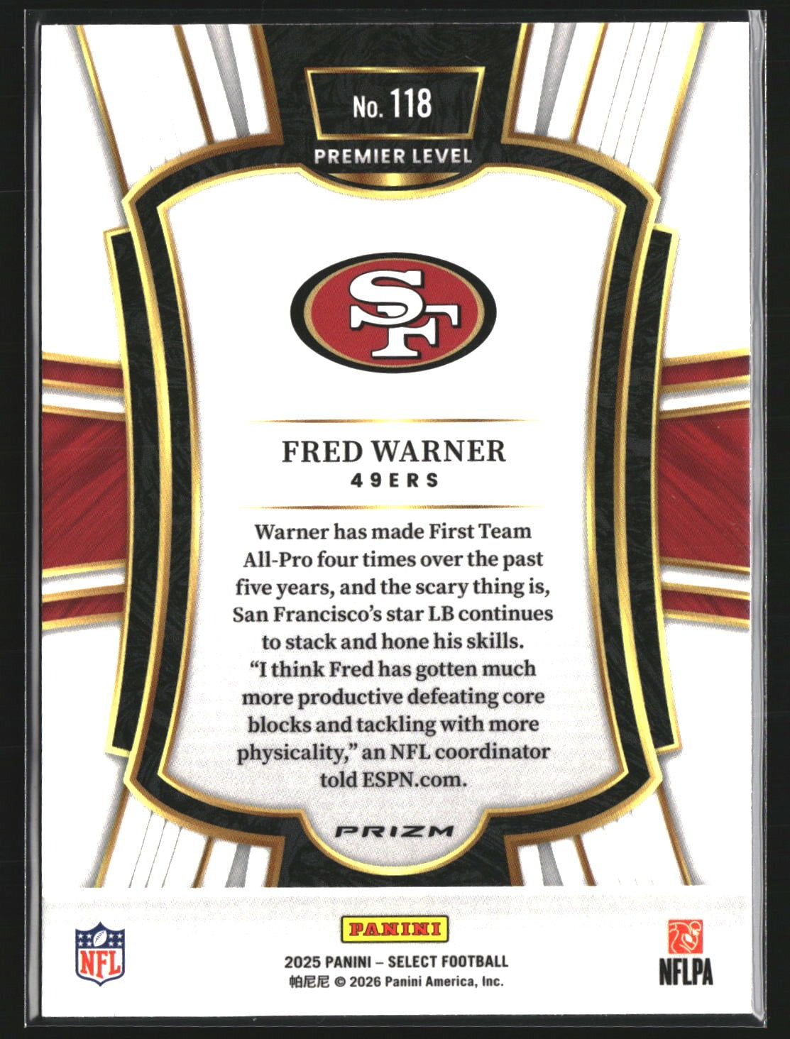 Fred Warner 2025 Panini Select 118 Black and Red Prizm Shock San Francisco 49ers